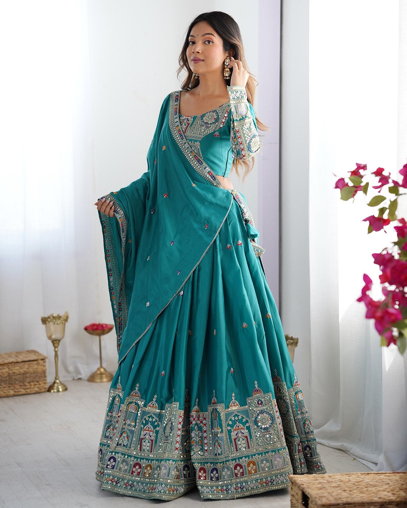 Women's Embroidered Chinon Semi Stitched Lehenga Choli with Sequins Chinon Dupatta