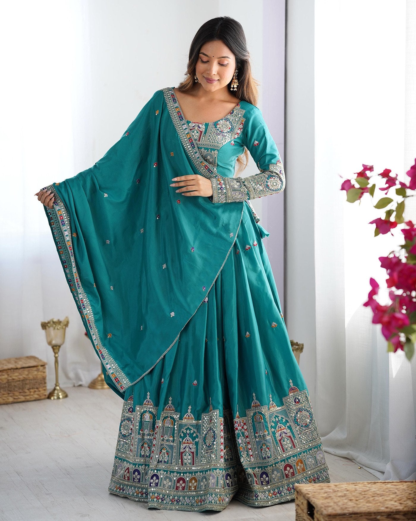 Women's Embroidered Chinon Semi Stitched Lehenga Choli with Sequins Chinon Dupatta