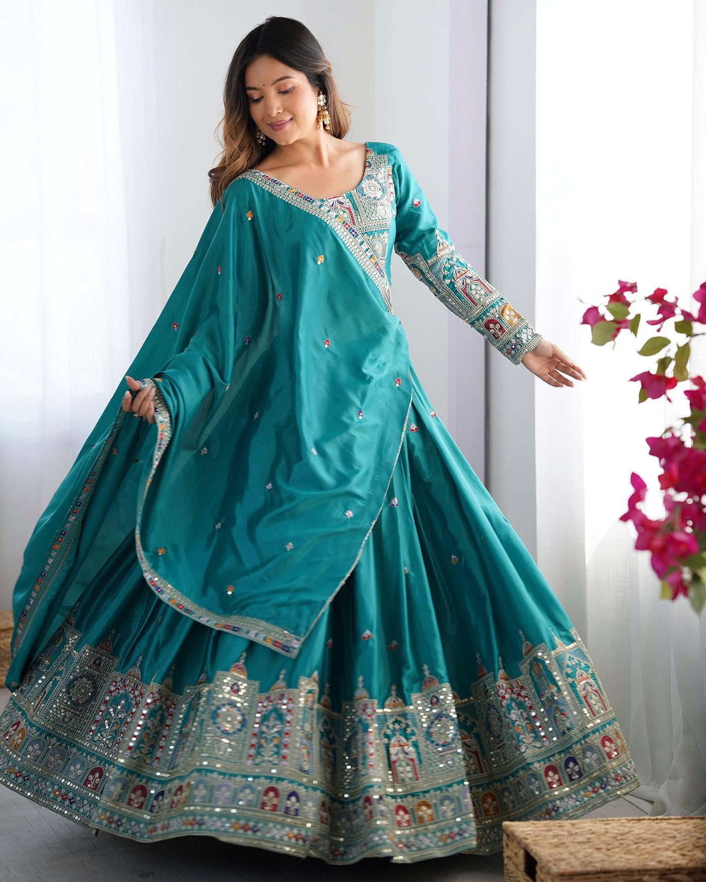 Women's Embroidered Chinon Semi Stitched Lehenga Choli with Sequins Chinon Dupatta