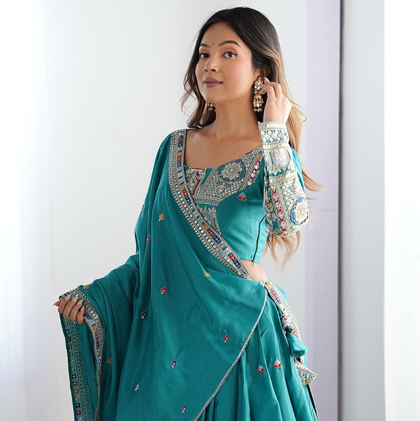Women's Embroidered Chinon Semi Stitched Lehenga Choli with Sequins Chinon Dupatta