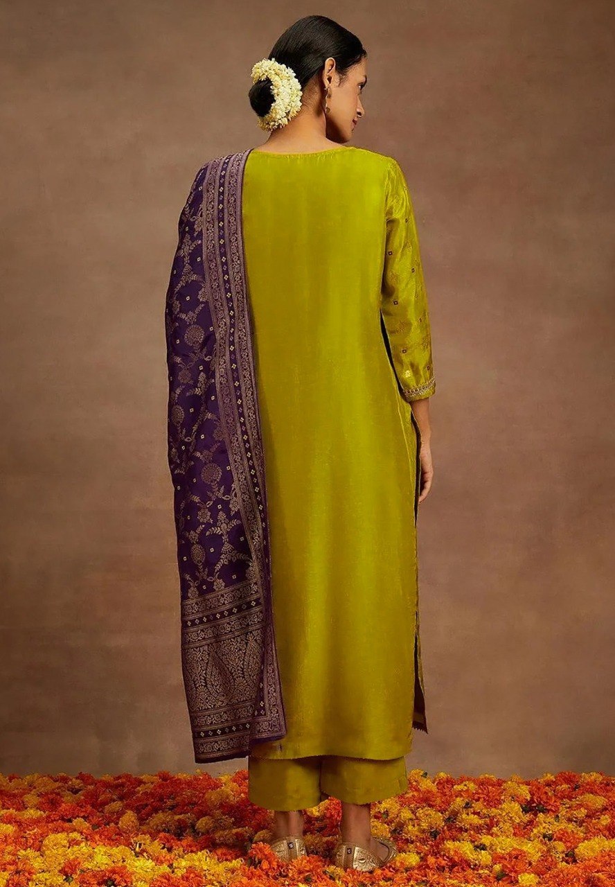 Women's Mustard Art Silk Kurta Pant Dupatta Set with Woven Design
