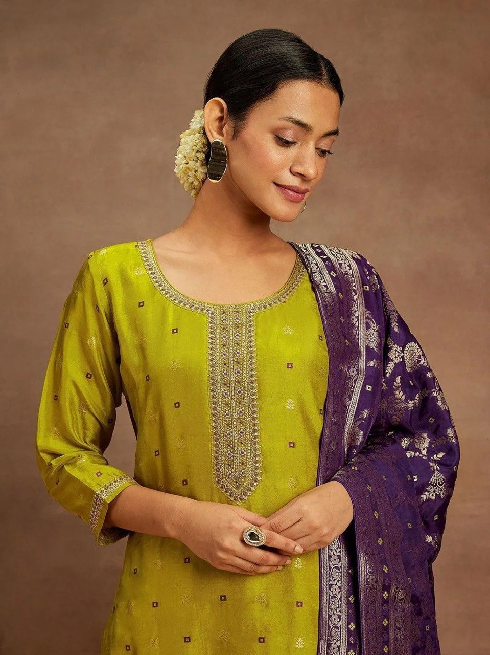 Women's Mustard Art Silk Kurta Pant Dupatta Set with Woven Design