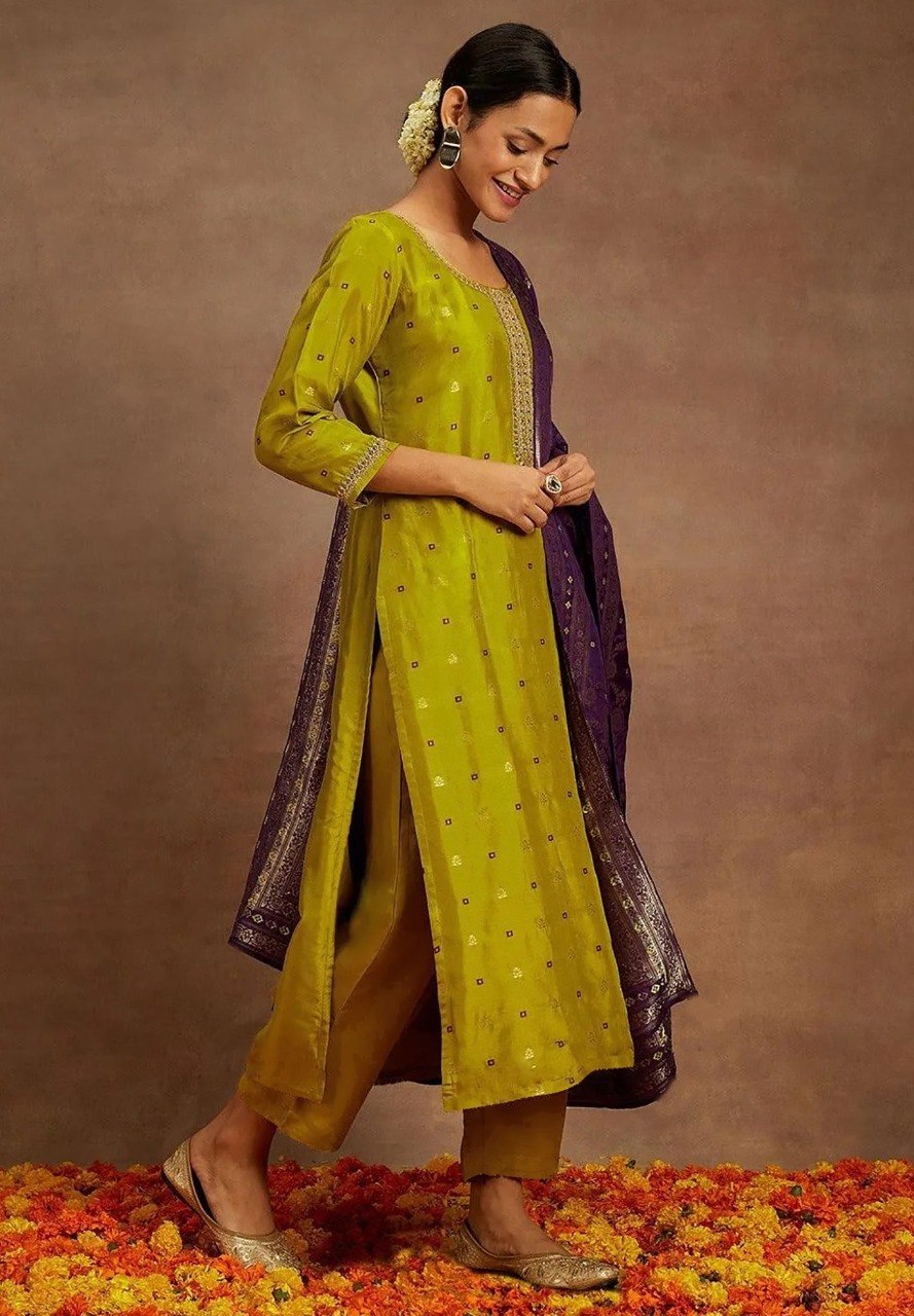 Women's Mustard Art Silk Kurta Pant Dupatta Set with Woven Design