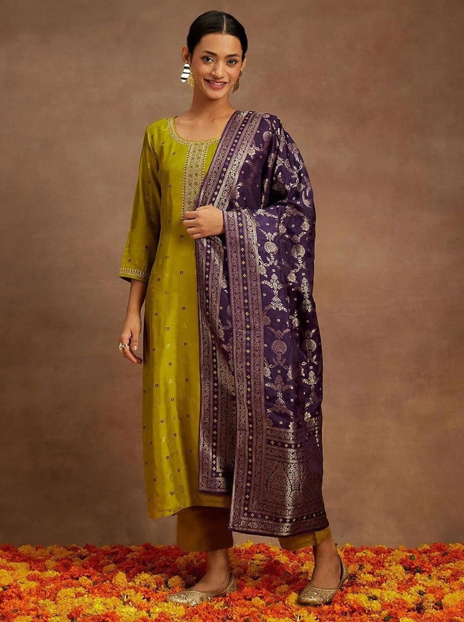 Women's Mustard Art Silk Kurta Pant Dupatta Set with Woven Design