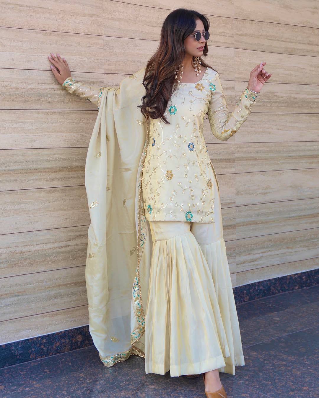 Women's Heavy Pure Chinnon Embroidered Sharara Suit Set with Dupatta
