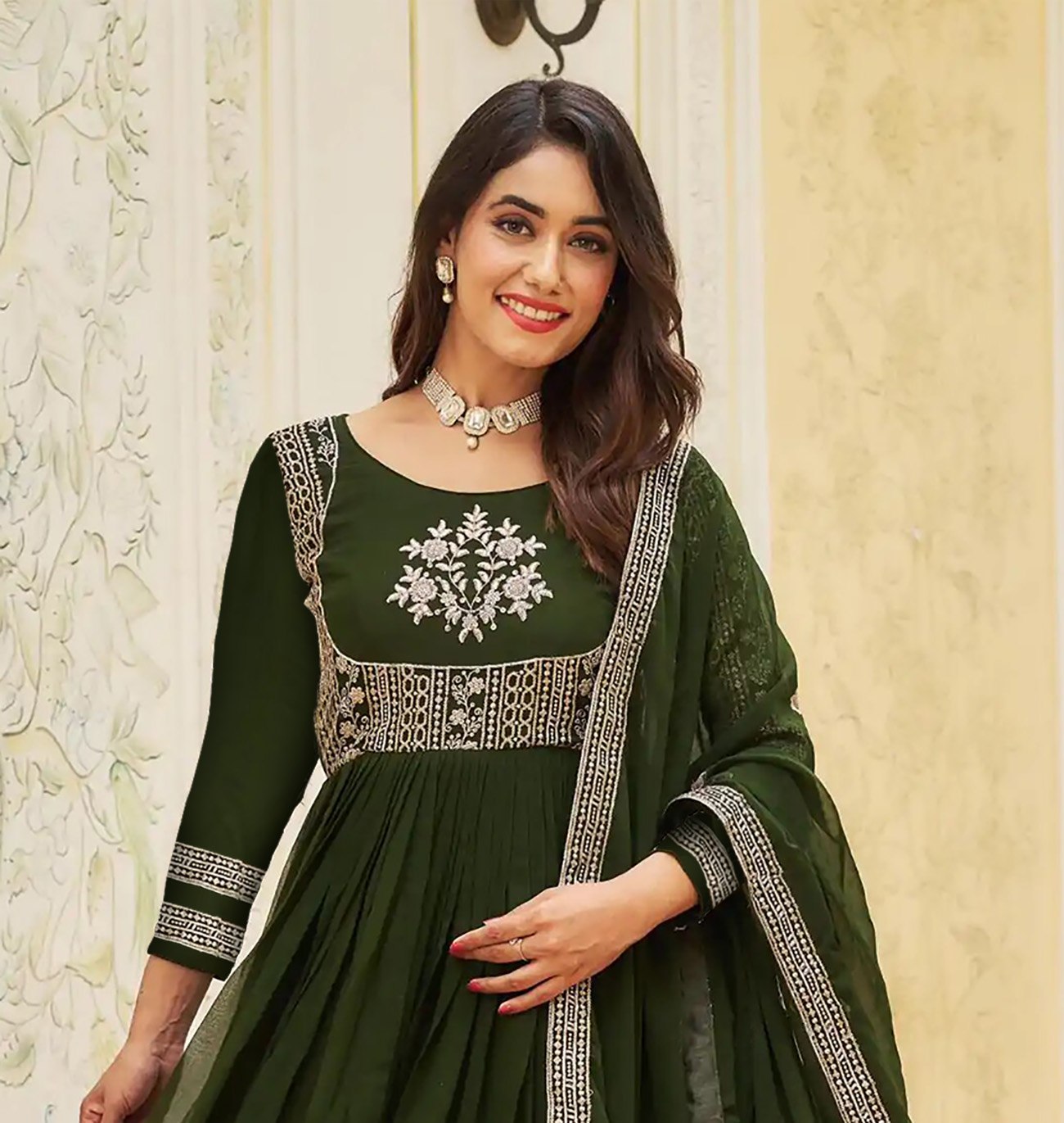 Women's Green Embroidered Georgette Anarkali Gown with Embroidered Dupatta