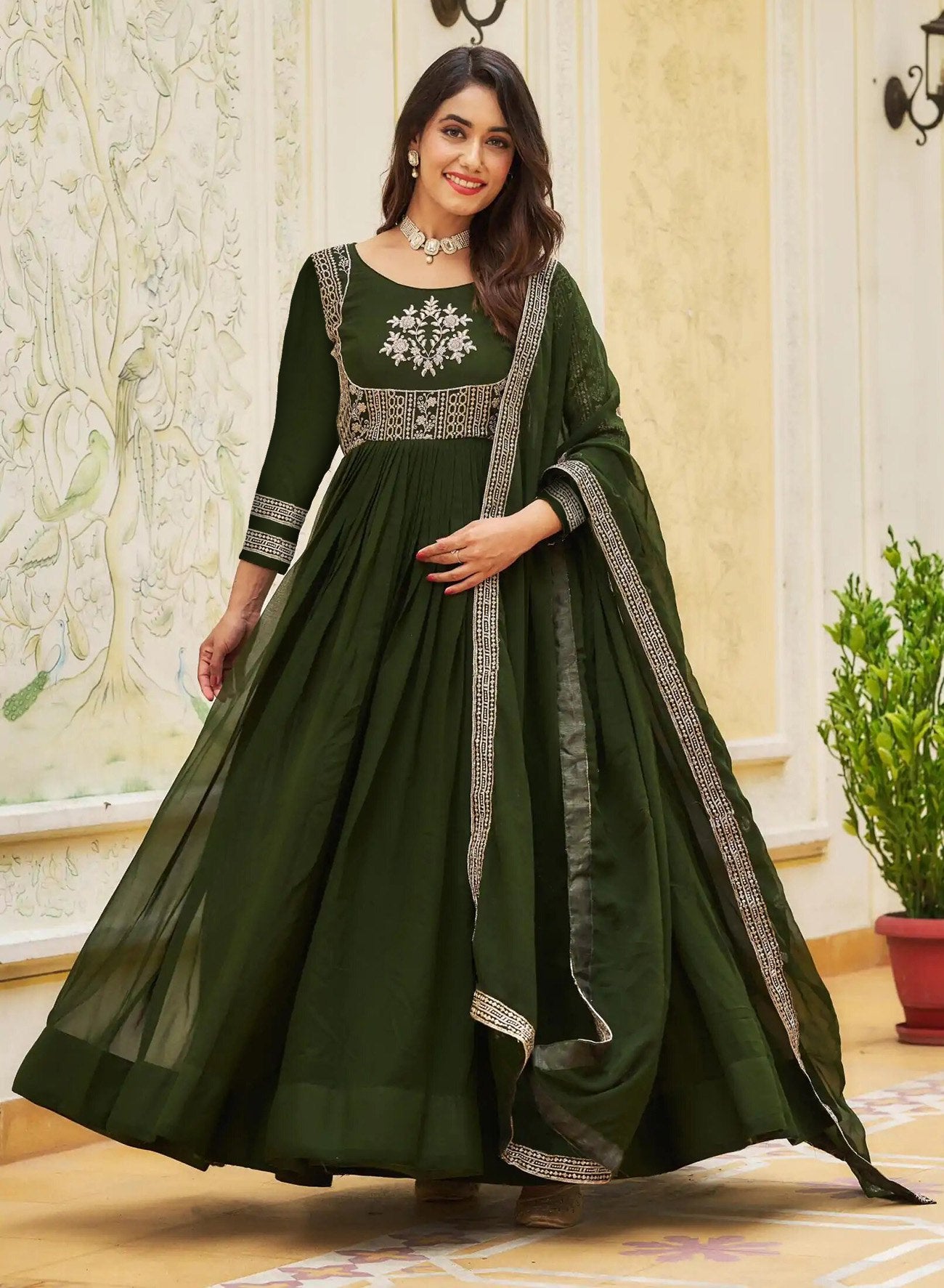 Women's Green Embroidered Georgette Anarkali Gown with Embroidered Dupatta