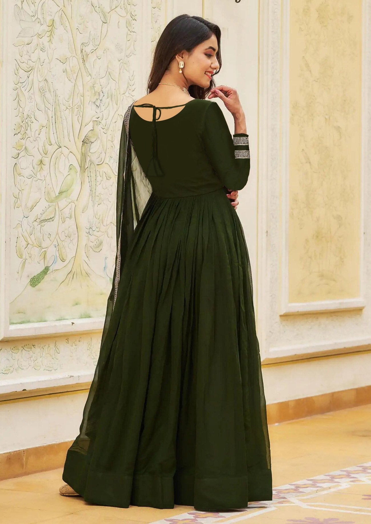 Women's Green Embroidered Georgette Anarkali Gown with Embroidered Dupatta