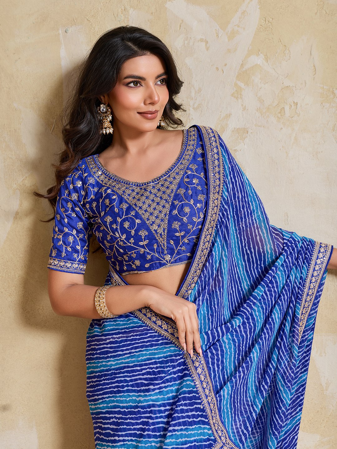 Women's Laheriya Bandhej Georgette Saree with Embroidered Blouse
