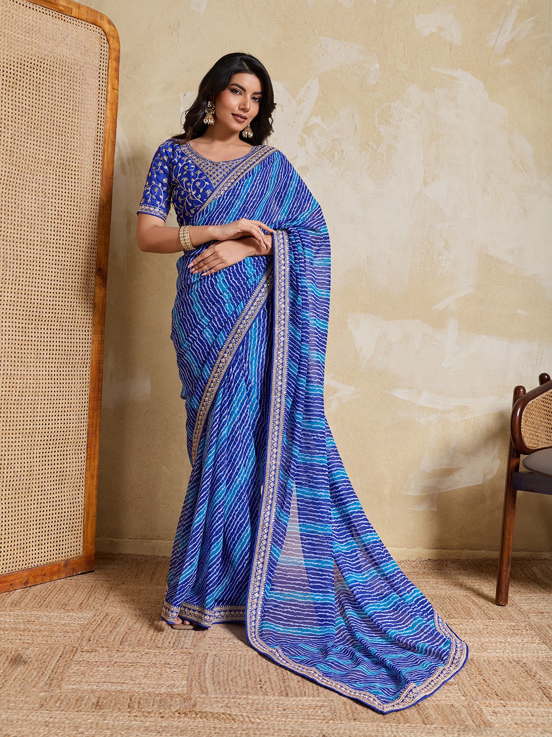 Women's Laheriya Bandhej Georgette Saree with Embroidered Blouse