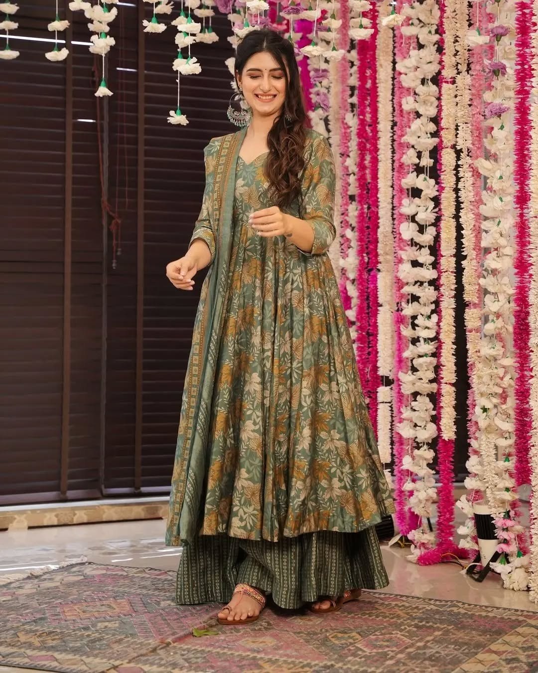 Women's Green Printed Rayon Slub Anarkali Pant Dupatta Set with Chanderi Dupatta
