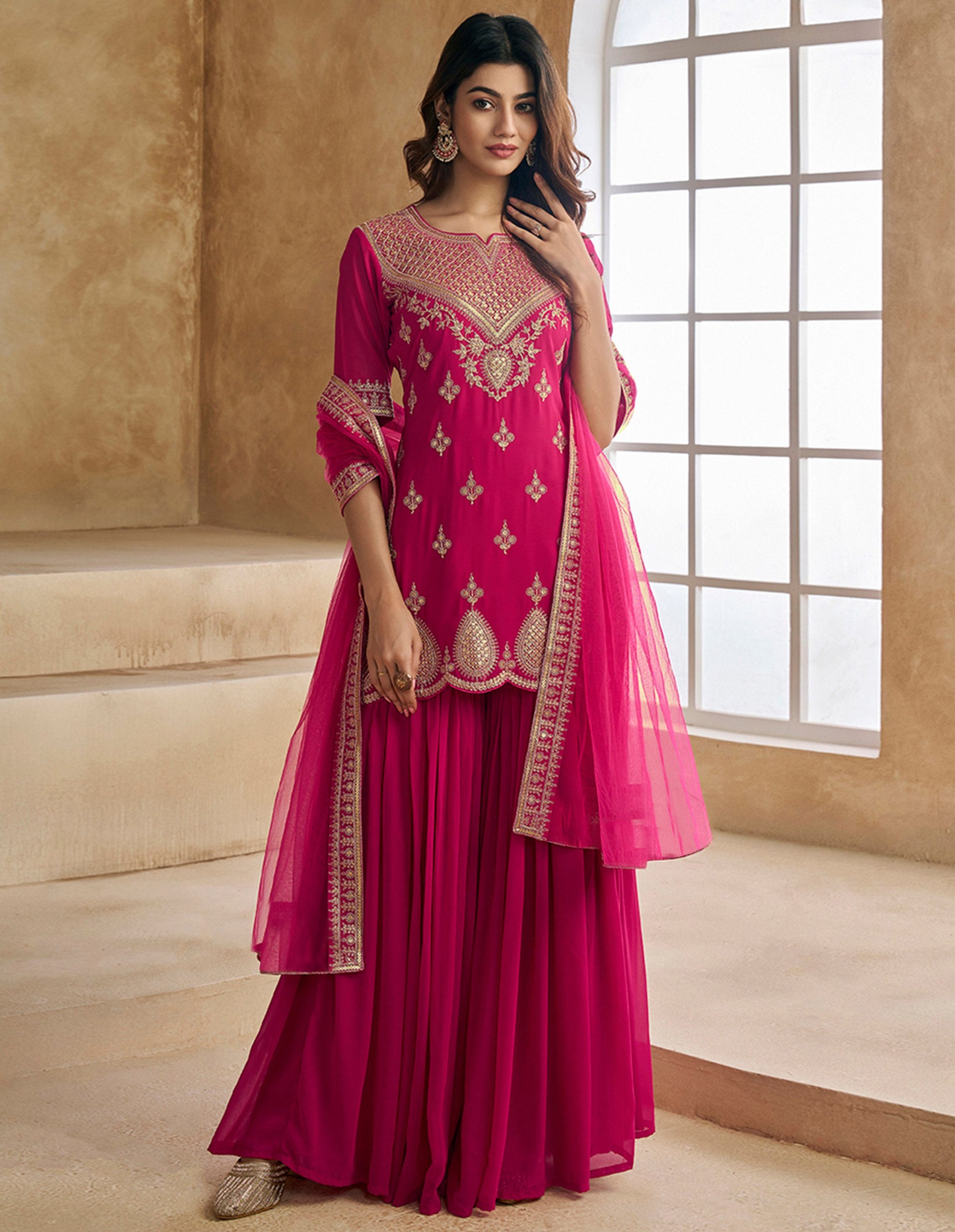 Women's Pink Embroidered Georgette Kurta Sharara Dupatta Set