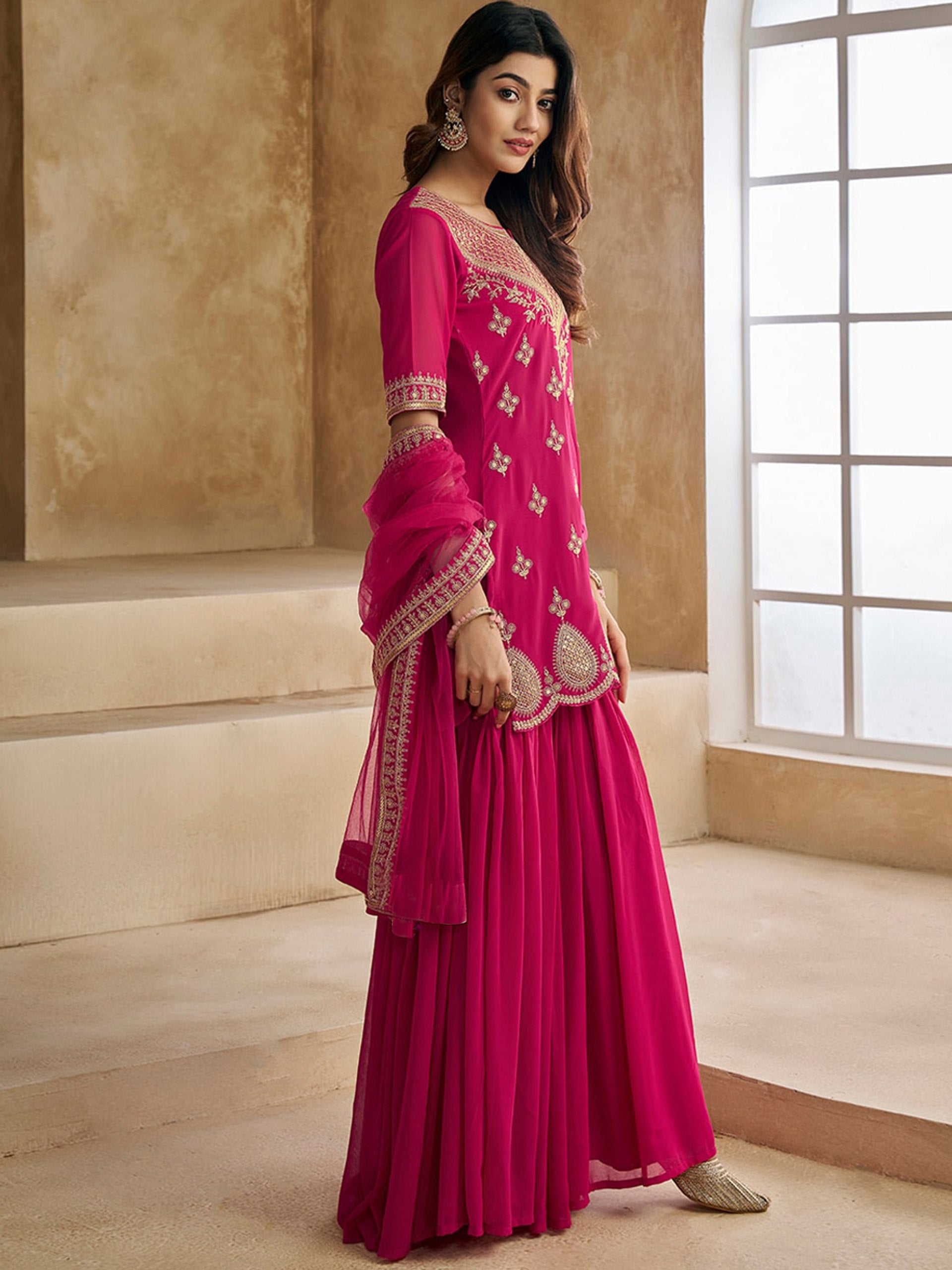 Women's Pink Embroidered Georgette Kurta Sharara Dupatta Set
