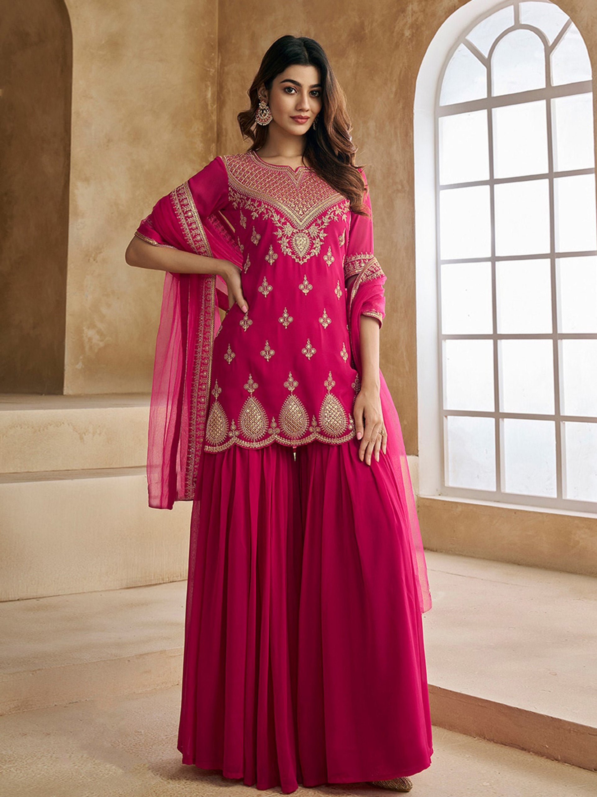 Women's Pink Embroidered Georgette Kurta Sharara Dupatta Set