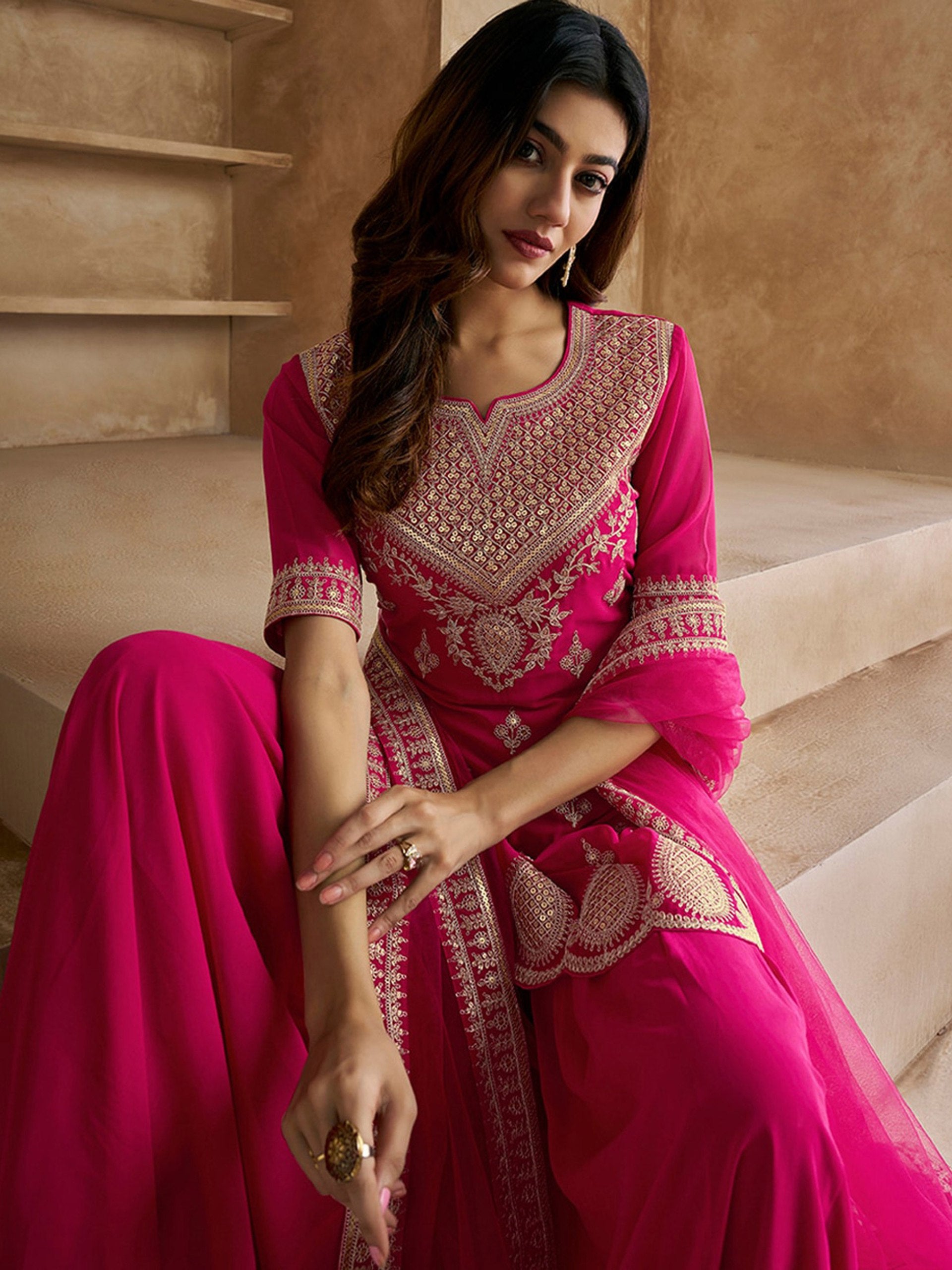Women's Pink Embroidered Georgette Kurta Sharara Dupatta Set