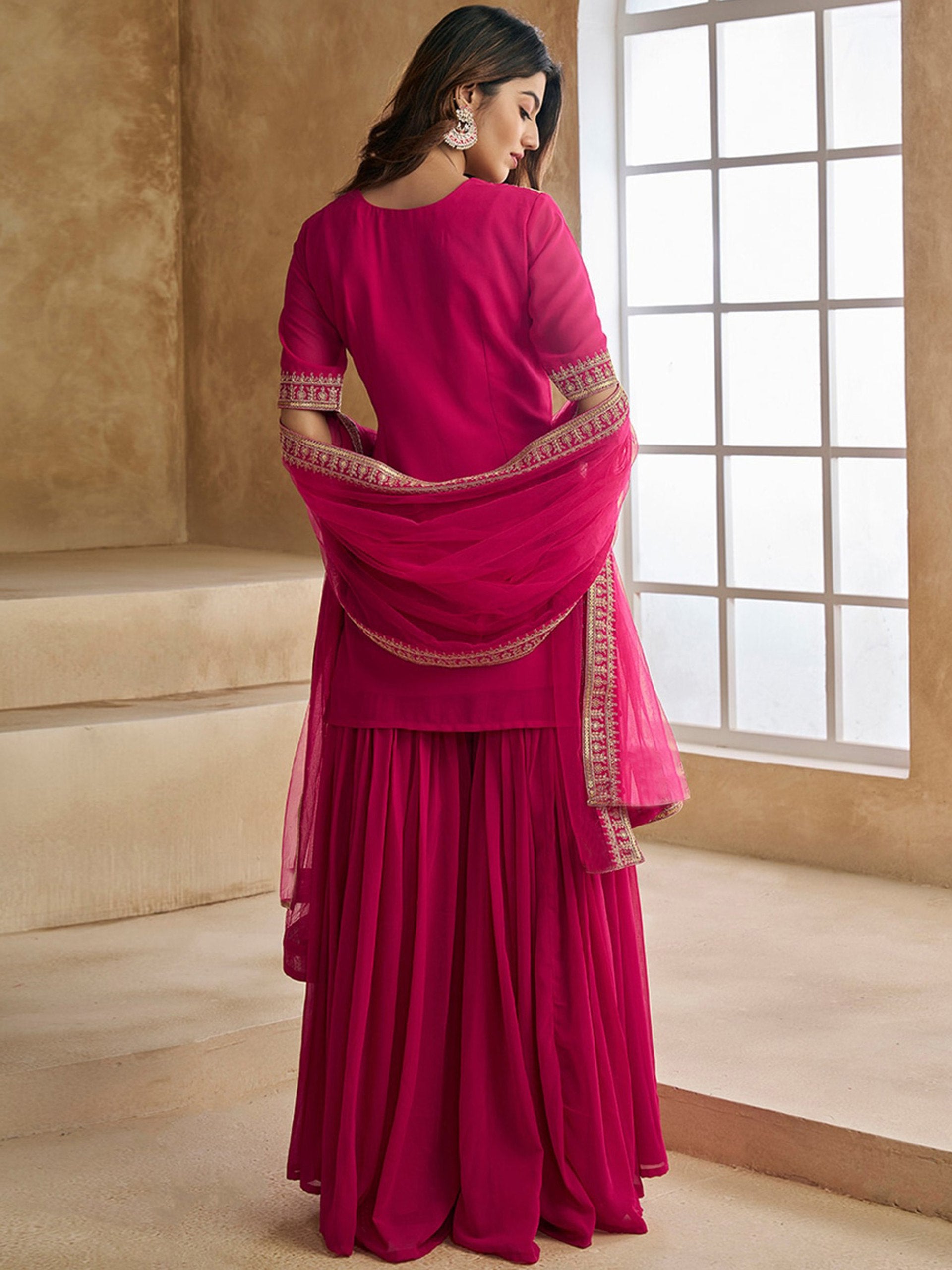 Women's Pink Embroidered Georgette Kurta Sharara Dupatta Set