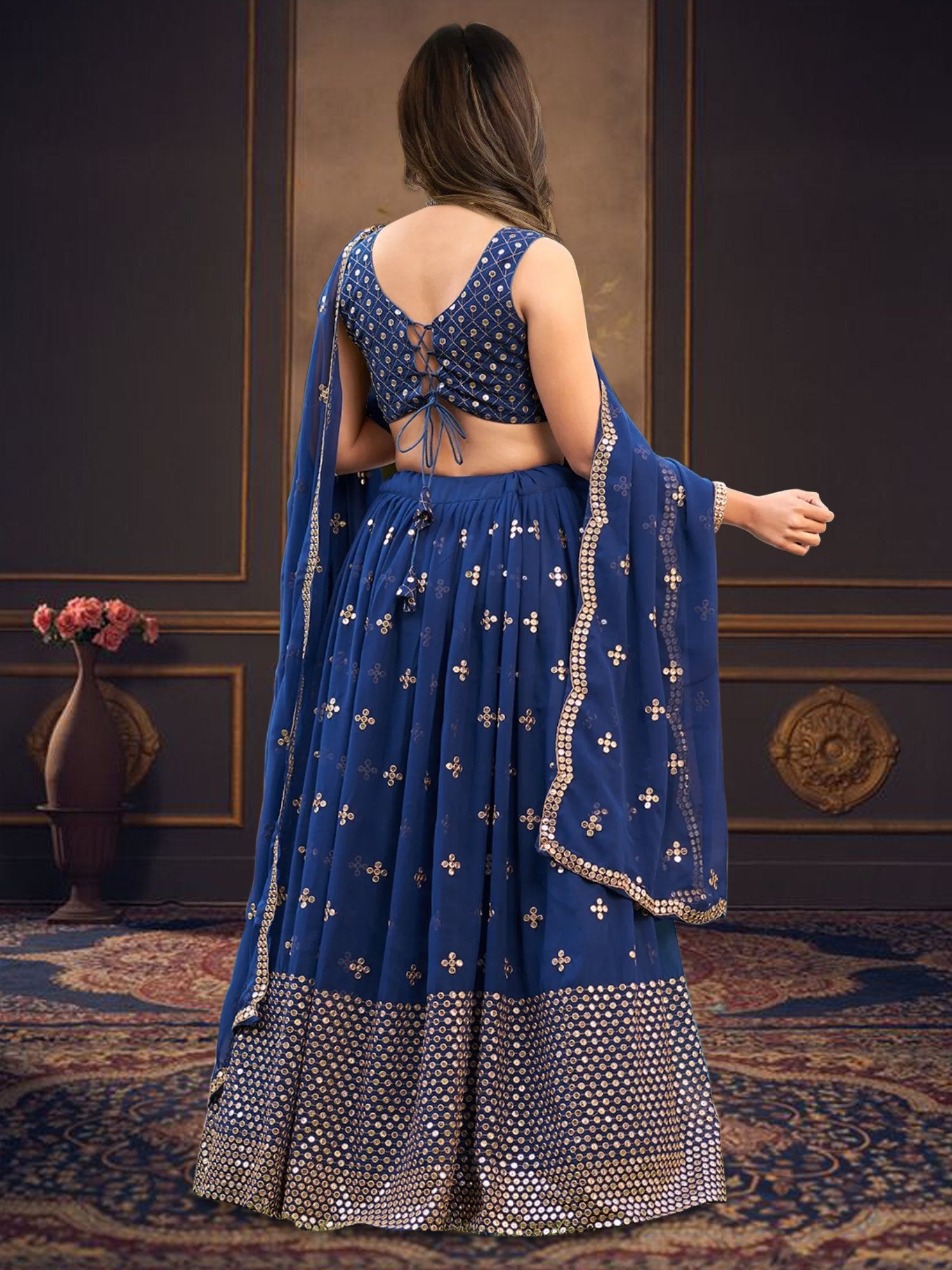 Women's Blue Embroidered Georgette Semi Stitched Lehenga Choli with Sequins Cutwork Dupatta