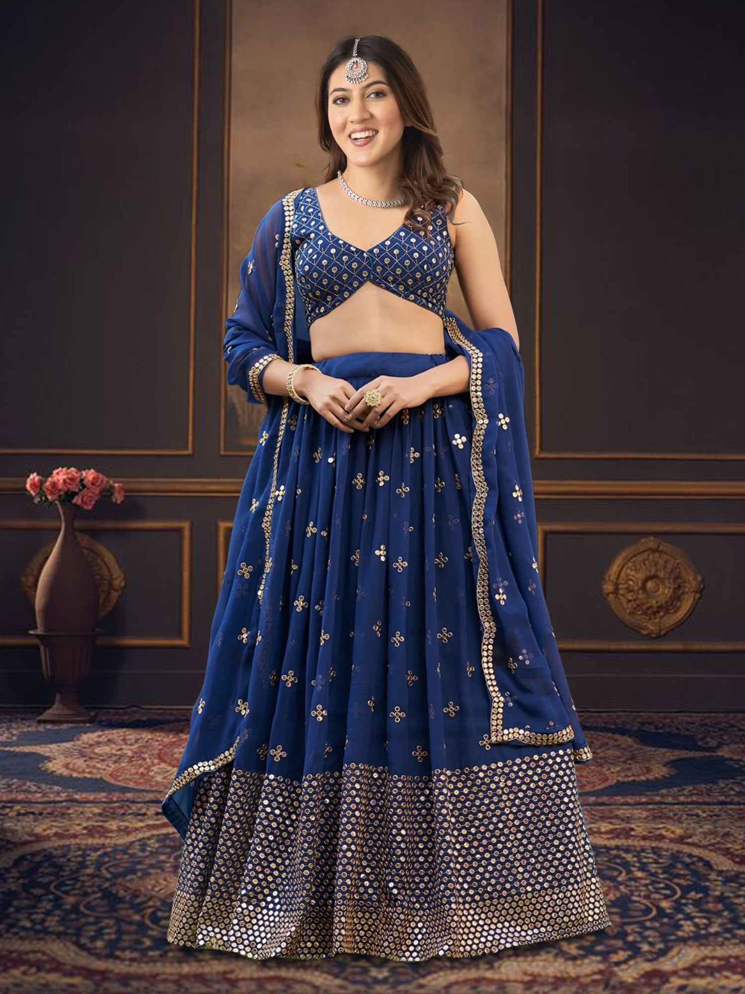 Women's Blue Embroidered Georgette Semi Stitched Lehenga Choli with Sequins Cutwork Dupatta