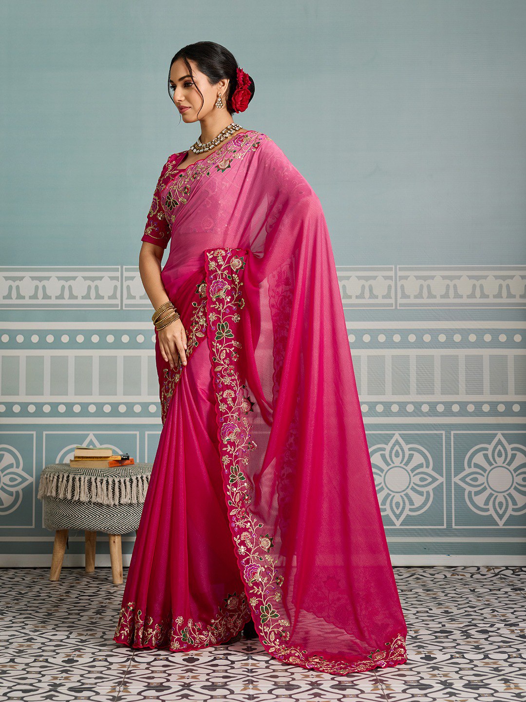 Women's Soft Star Georgette Embroidered Saree with Mono Banglory Silk Blouse