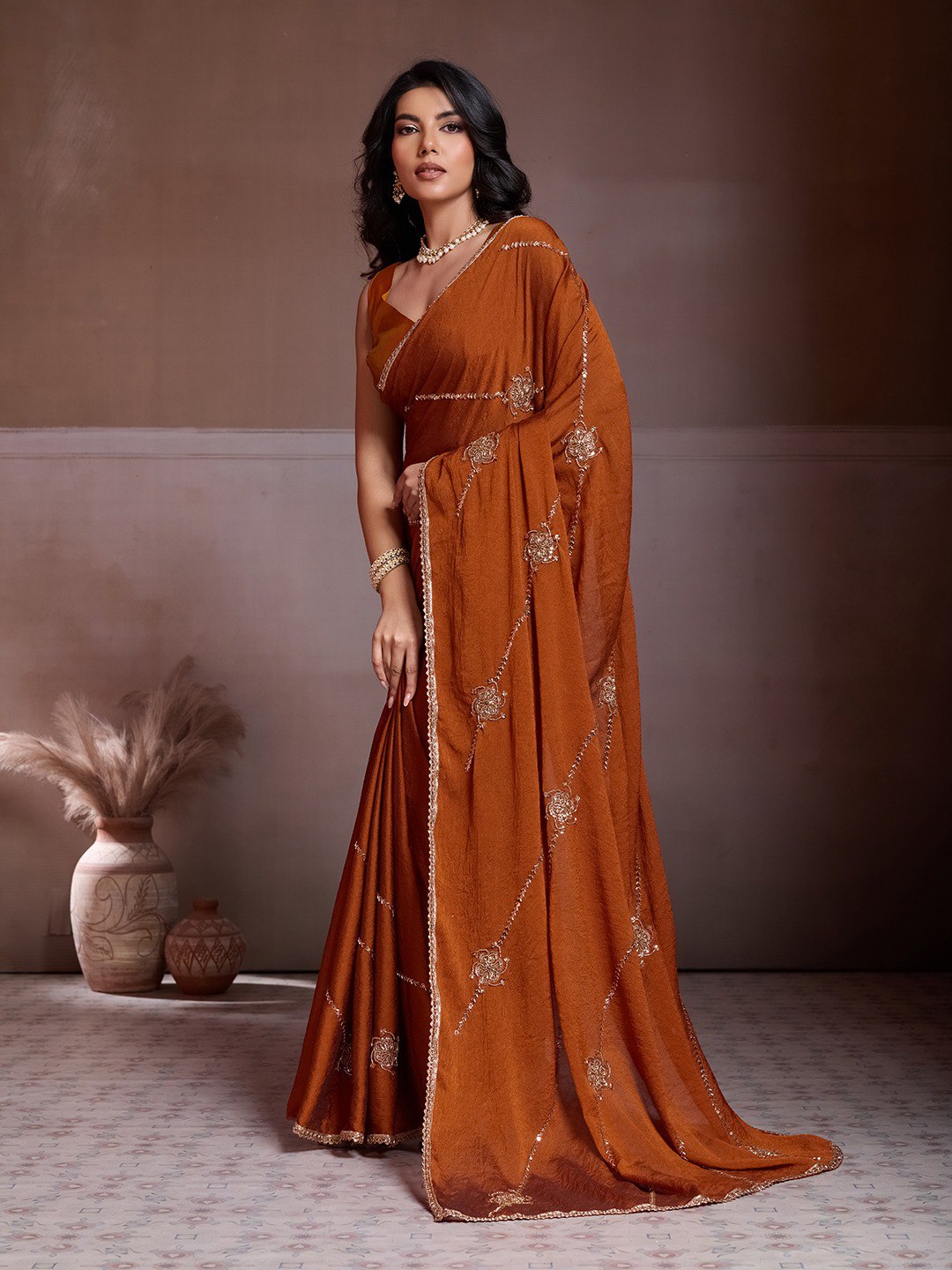 Women's Crush Silk Party Wear Saree with Beads Embroidery and Blouse