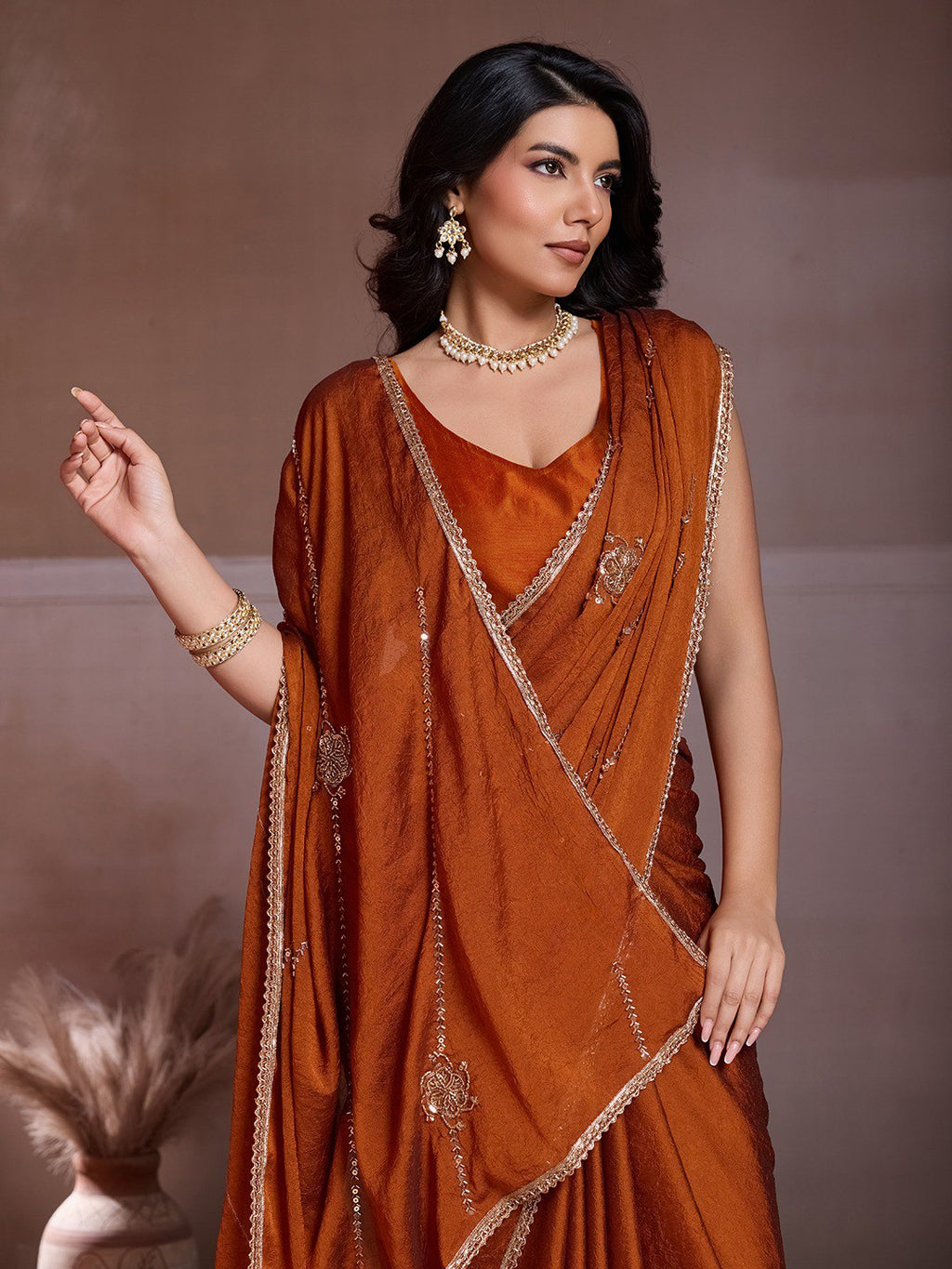 Women's Crush Silk Party Wear Saree with Beads Embroidery and Blouse
