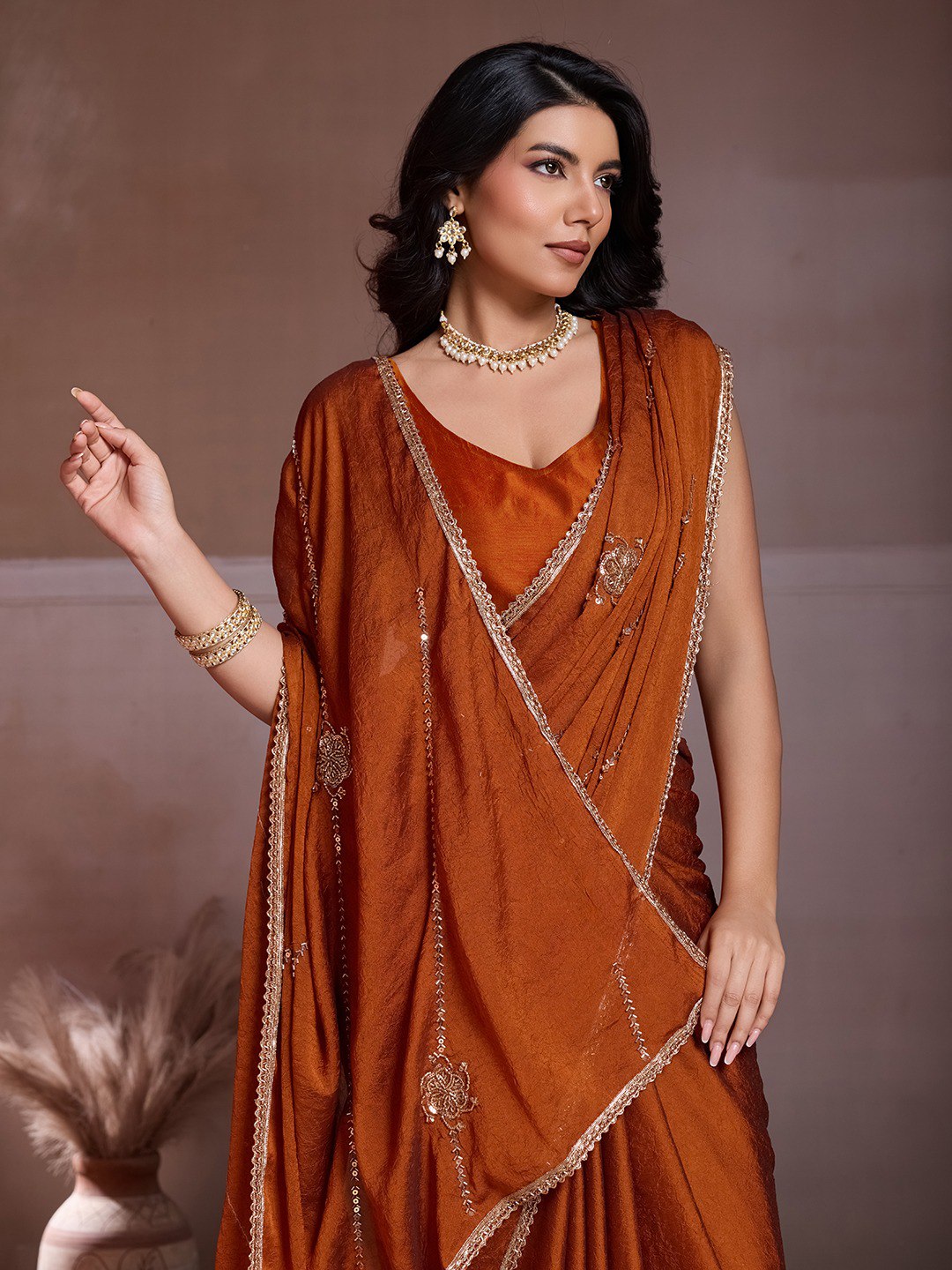 Women's Crush Silk Party Wear Saree with Beads Embroidery and Blouse