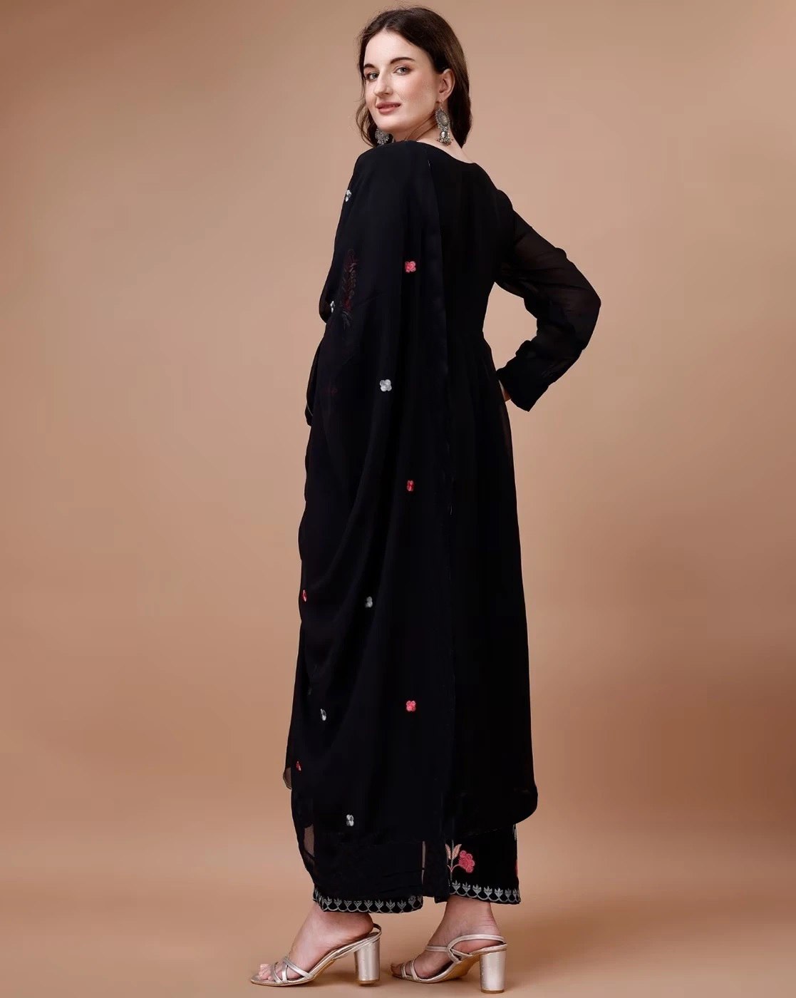 Women's Black Embroidered Georgette Kurta Palazzo Dupatta Set