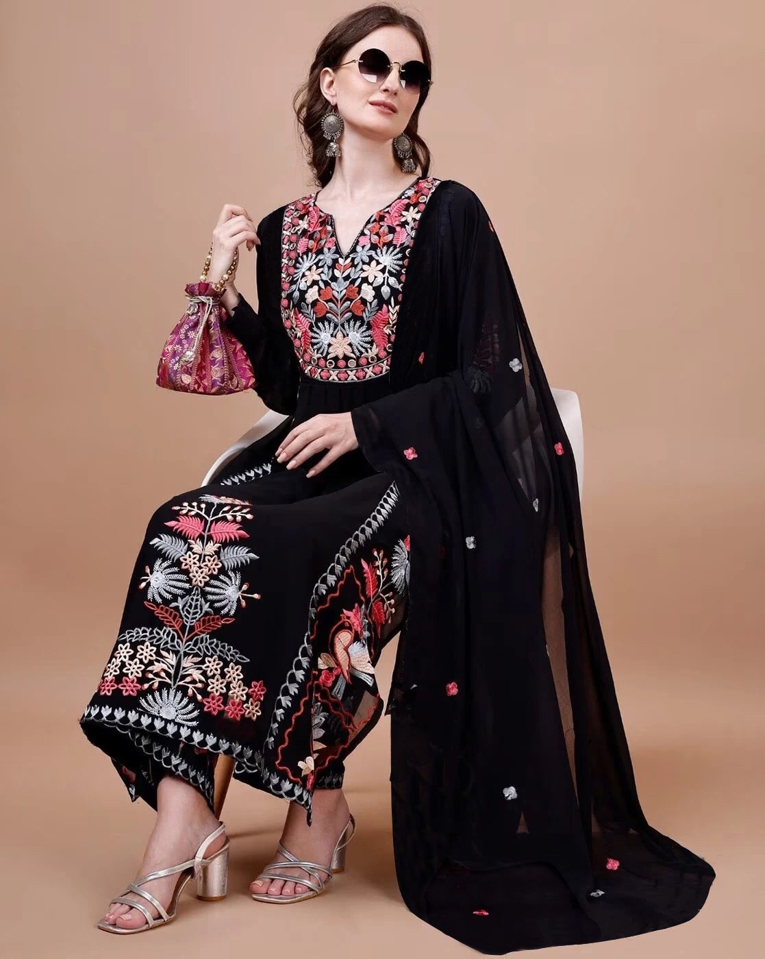 Women's Black Embroidered Georgette Kurta Palazzo Dupatta Set