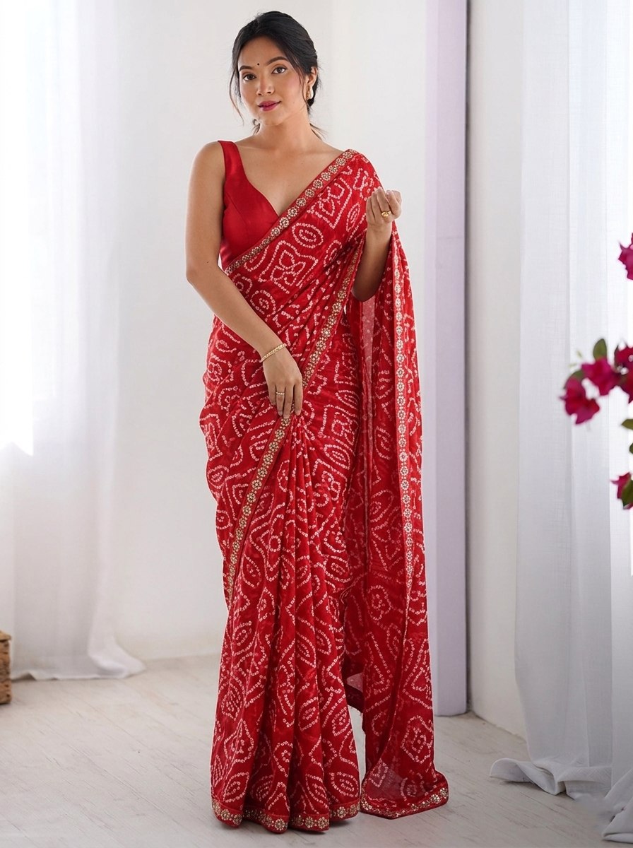 Women's Georgette Bandhej Print Saree with Mono Banglory Silk Blouse