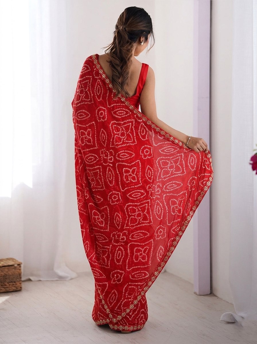 Women's Georgette Bandhej Print Saree with Mono Banglory Silk Blouse