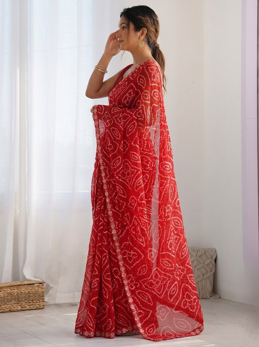 Women's Georgette Bandhej Print Saree with Mono Banglory Silk Blouse