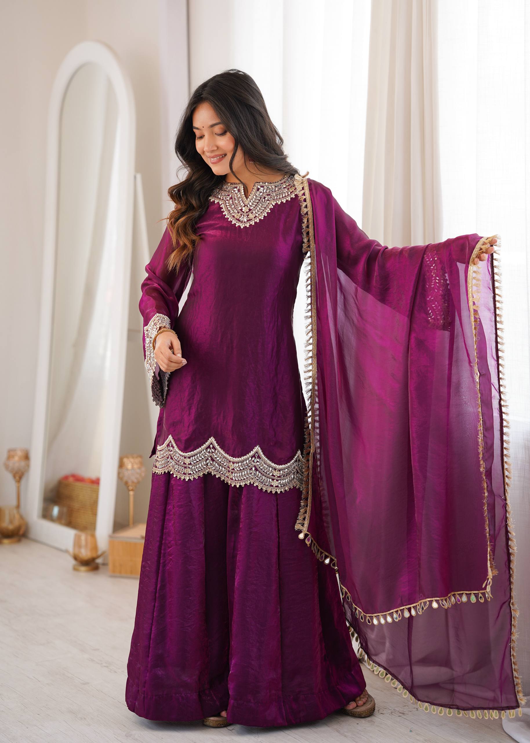 Women's Fendy Silk Embroidered Sharara Palazzo Suit Set with Mirror Work Dupatta