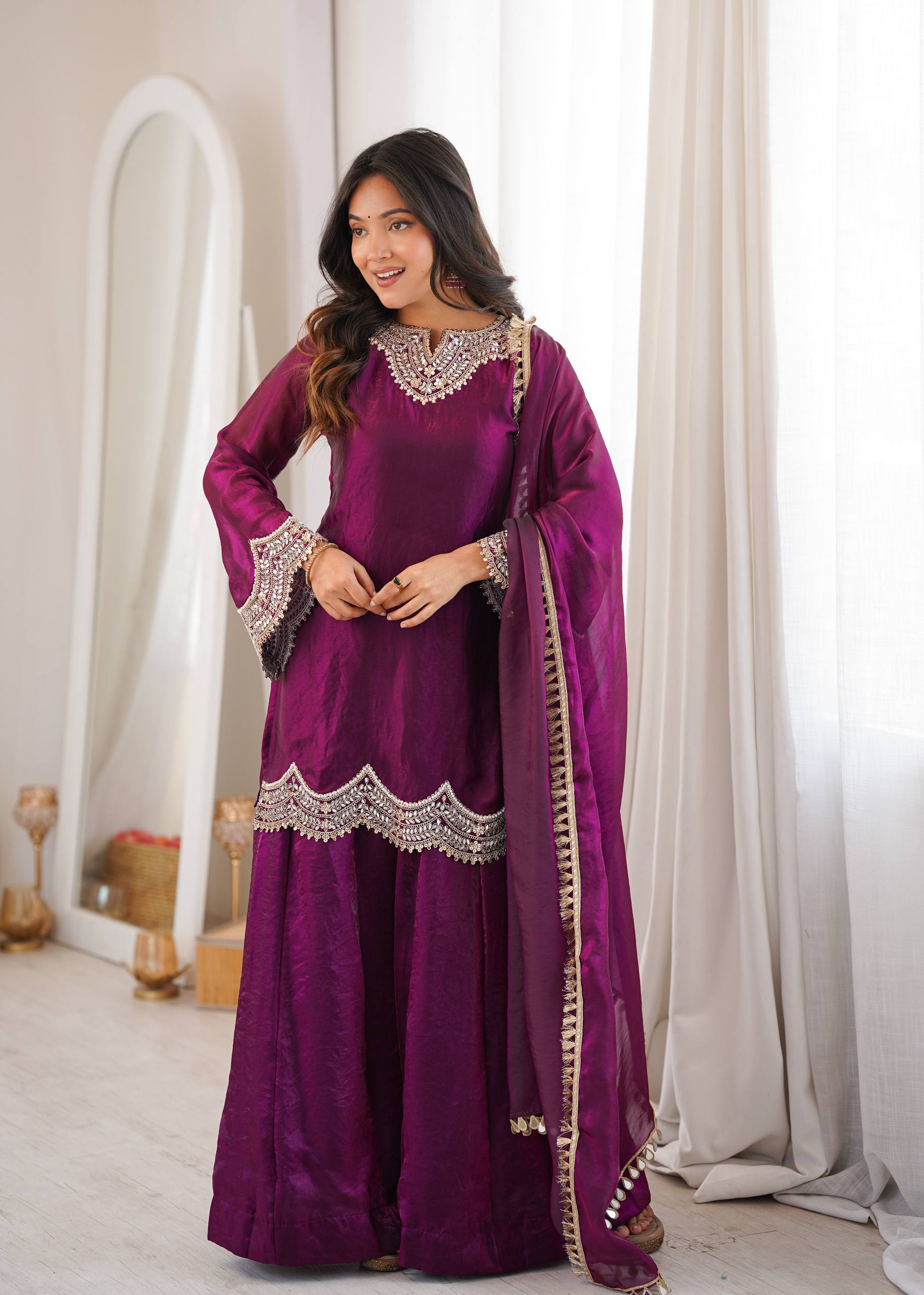 Women's Fendy Silk Embroidered Sharara Palazzo Suit Set with Mirror Work Dupatta