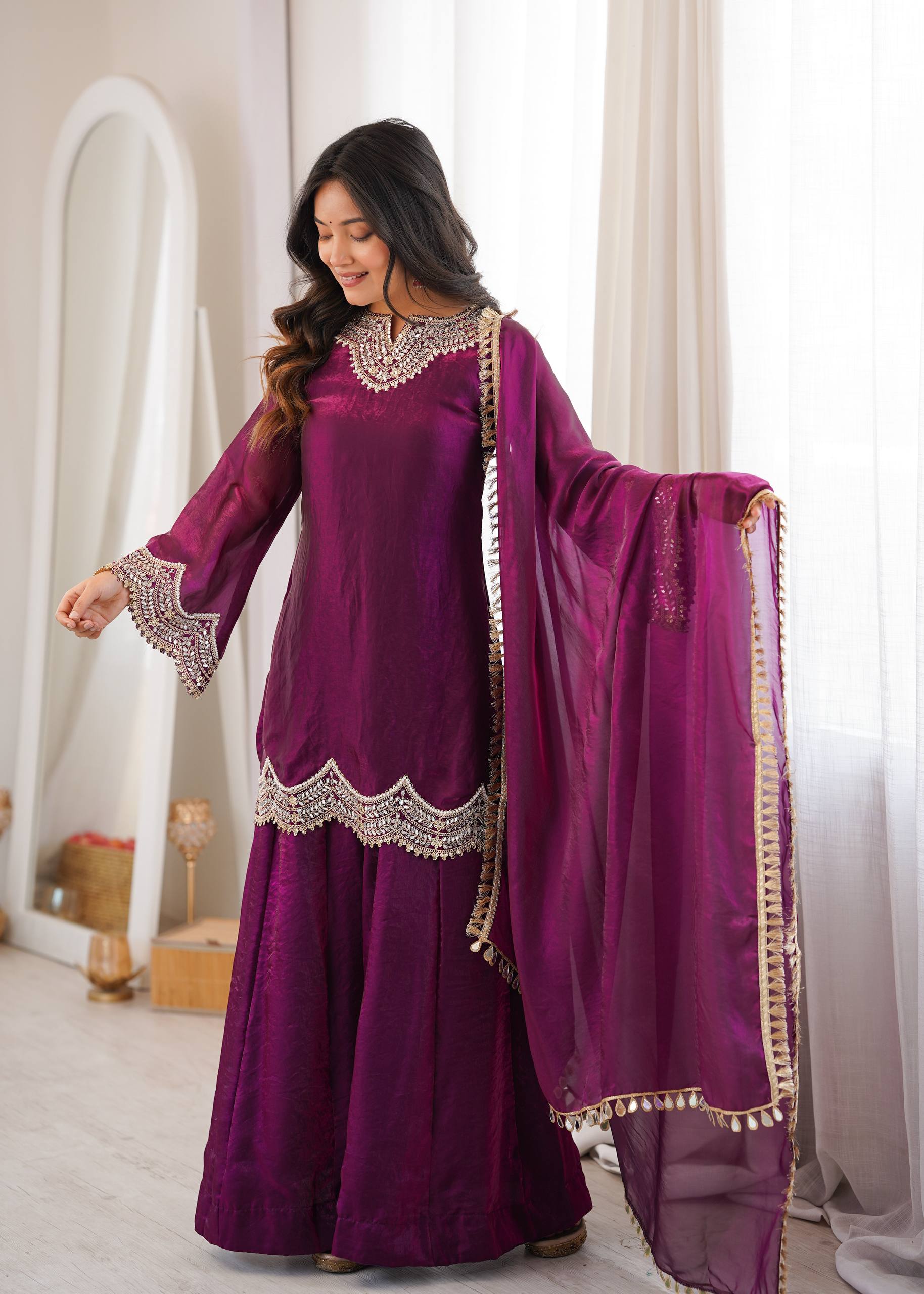 Women's Fendy Silk Embroidered Sharara Palazzo Suit Set with Mirror Work Dupatta