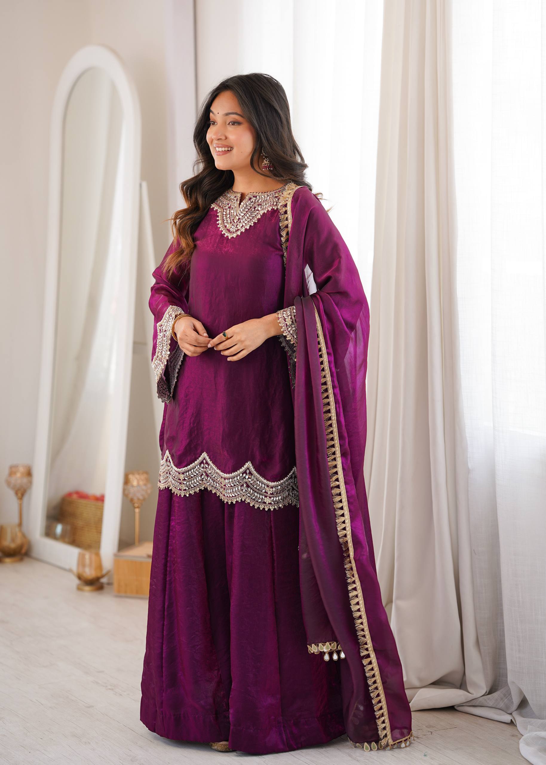 Women's Fendy Silk Embroidered Sharara Palazzo Suit Set with Mirror Work Dupatta