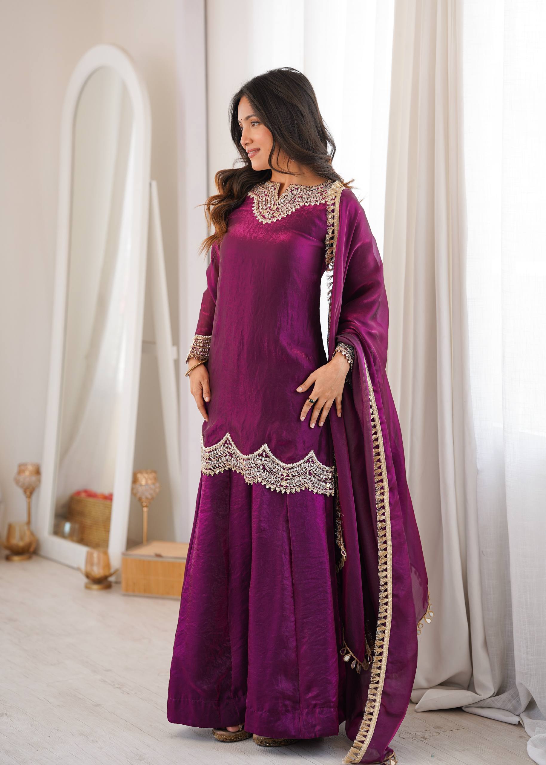 Women's Fendy Silk Embroidered Sharara Palazzo Suit Set with Mirror Work Dupatta