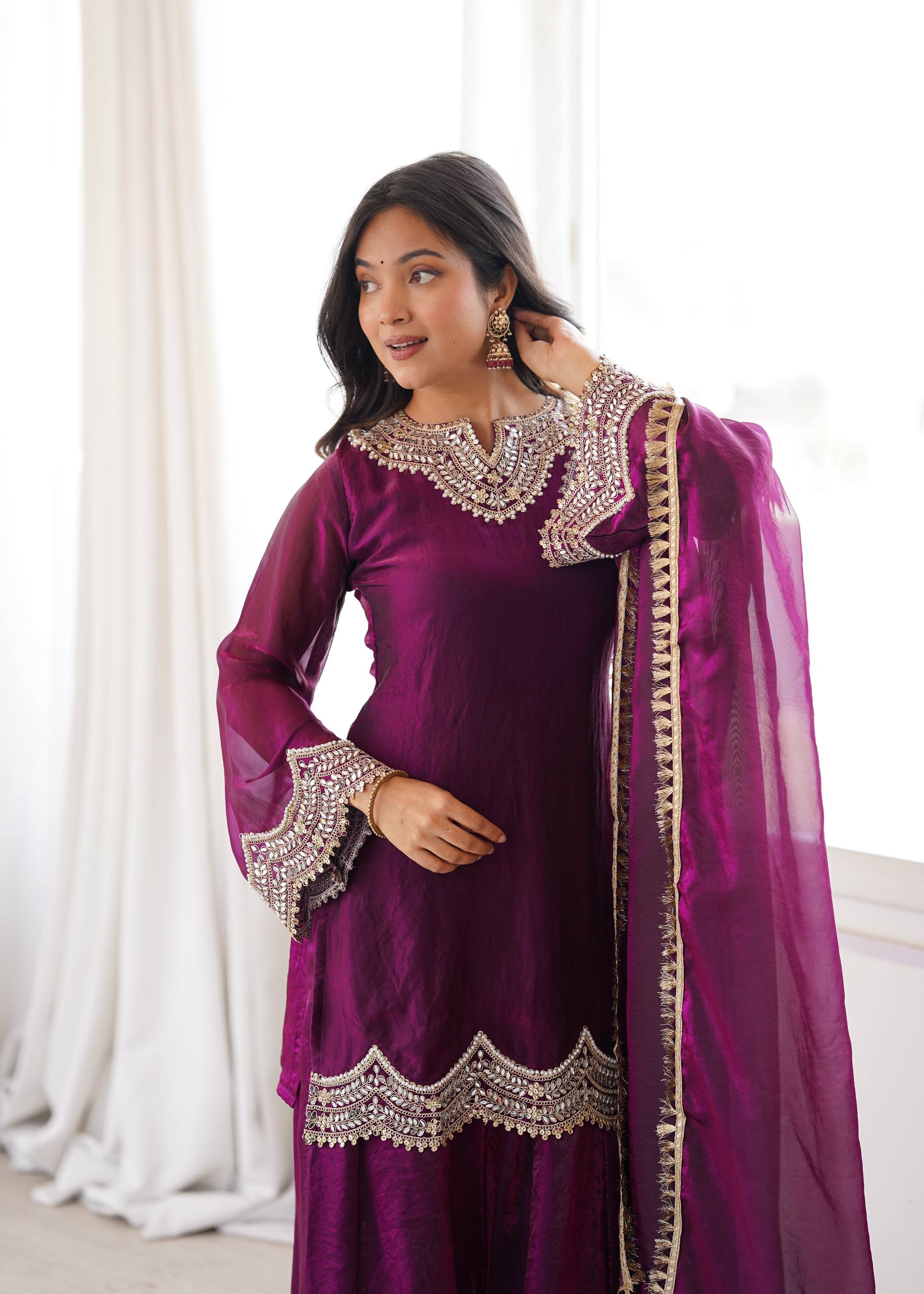 Women's Fendy Silk Embroidered Sharara Palazzo Suit Set with Mirror Work Dupatta