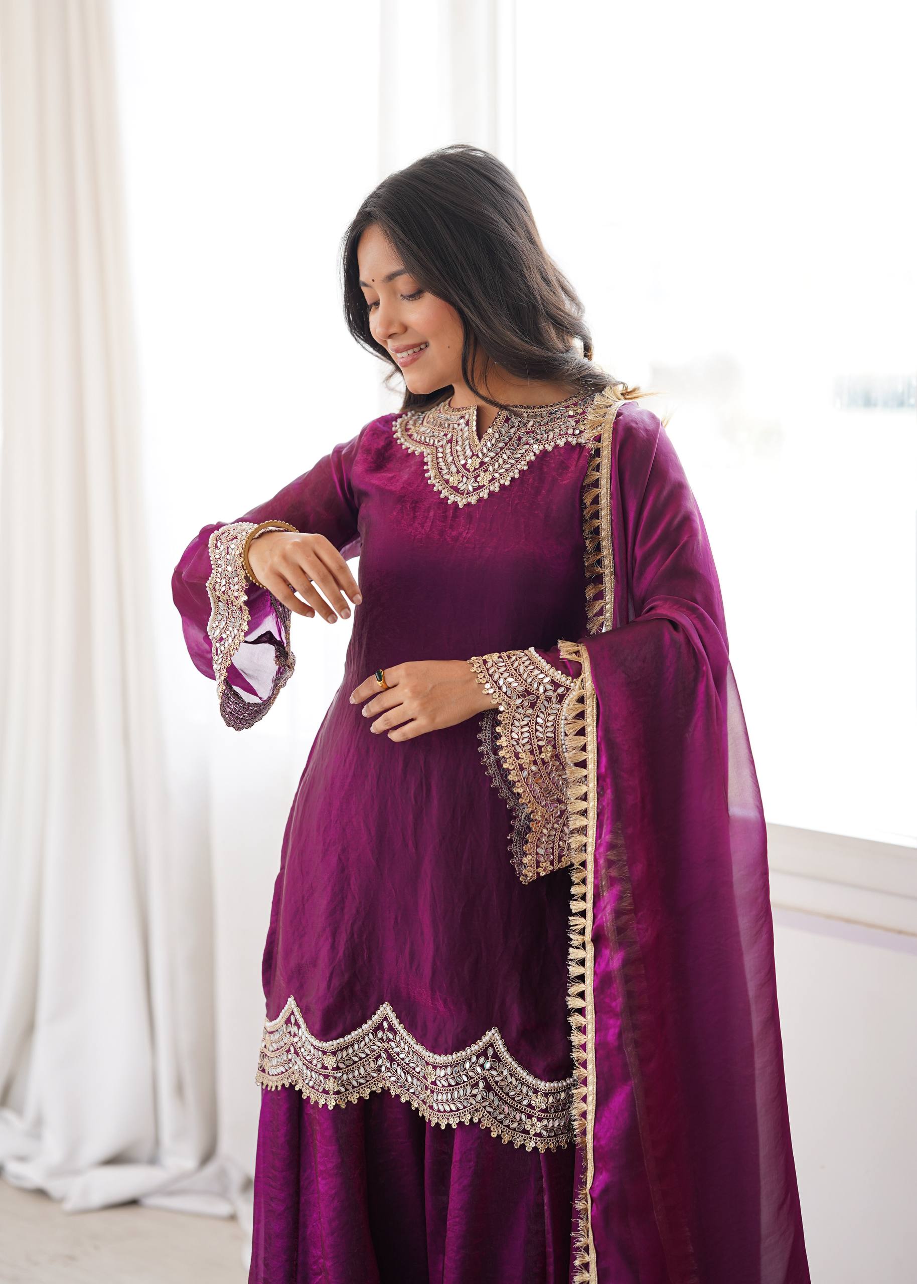 Women's Fendy Silk Embroidered Sharara Palazzo Suit Set with Mirror Work Dupatta