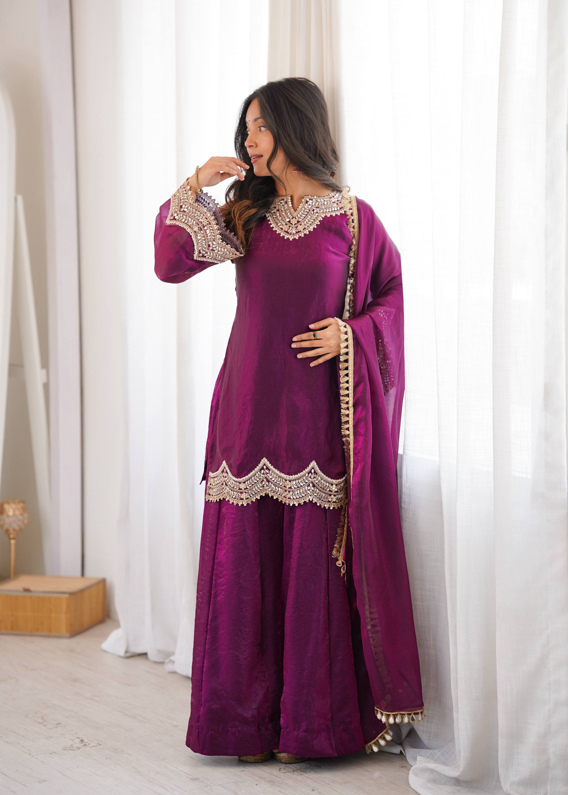 Women's Fendy Silk Embroidered Sharara Palazzo Suit Set with Mirror Work Dupatta