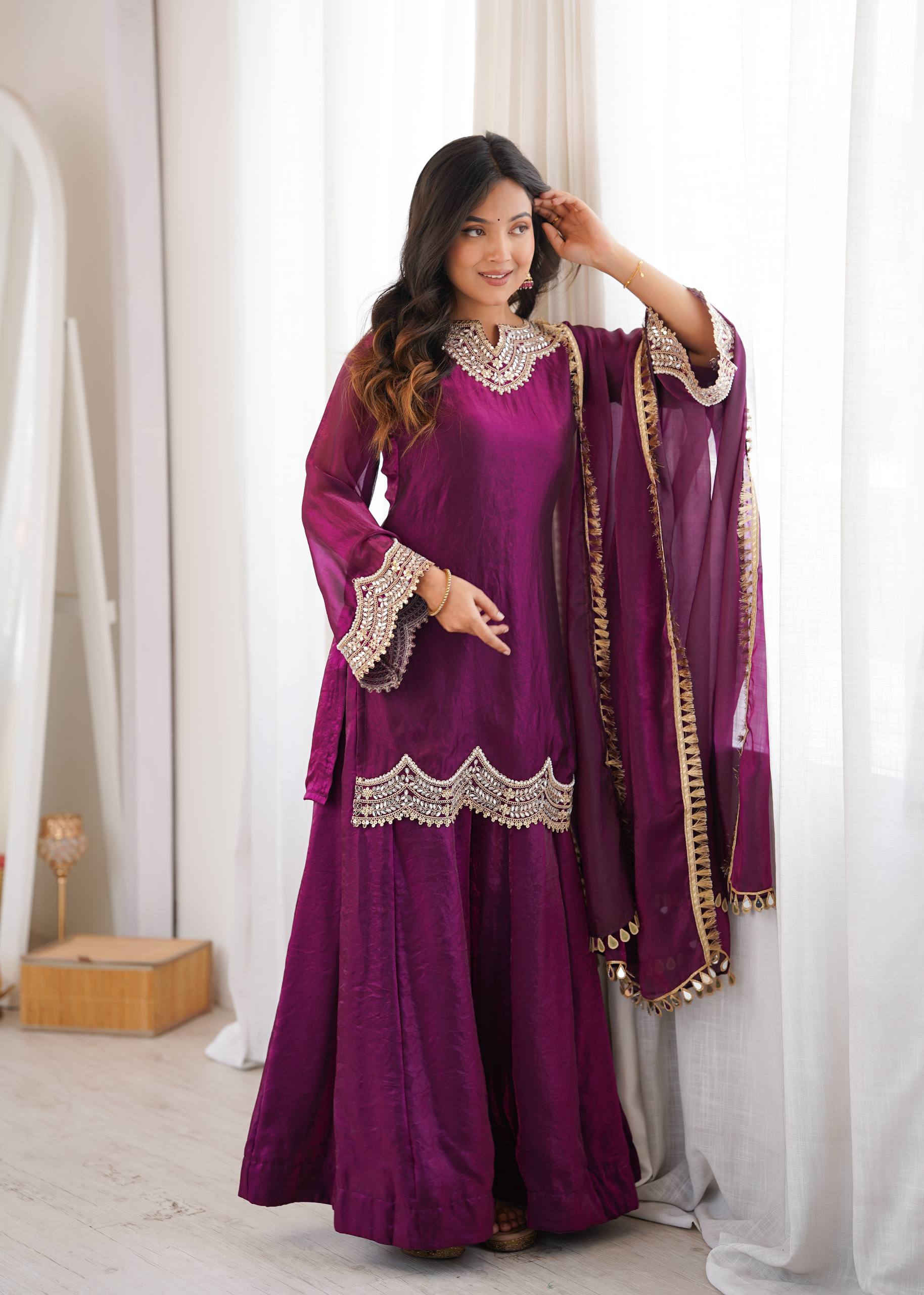 Women's Fendy Silk Embroidered Sharara Palazzo Suit Set with Mirror Work Dupatta