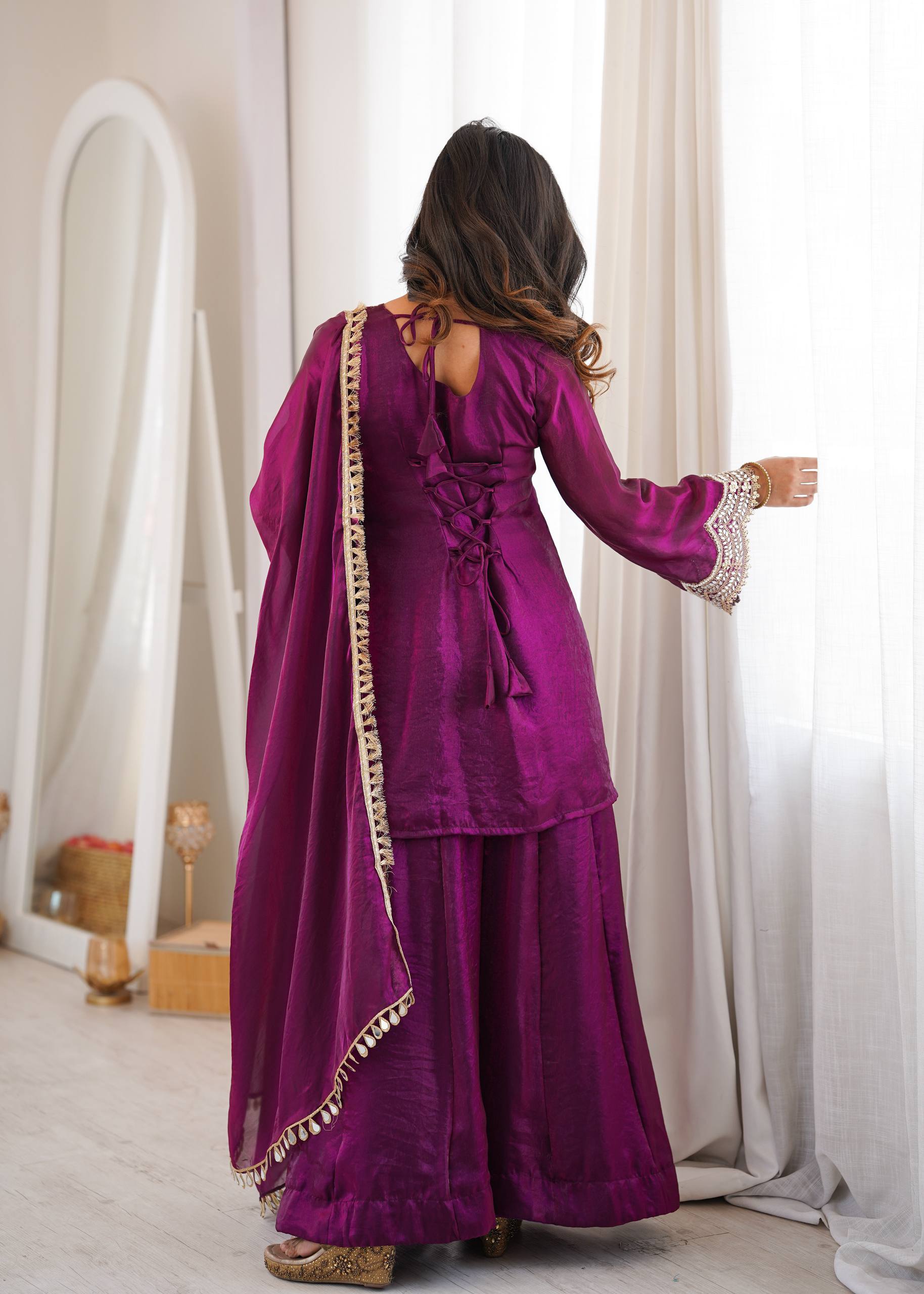 Women's Fendy Silk Embroidered Sharara Palazzo Suit Set with Mirror Work Dupatta