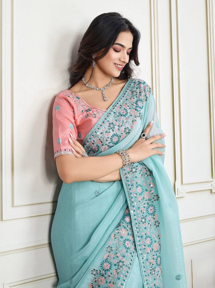 Women's Crunchy Silk Wedding Wear Saree with Embroidered Mono Banglory Silk Blouse