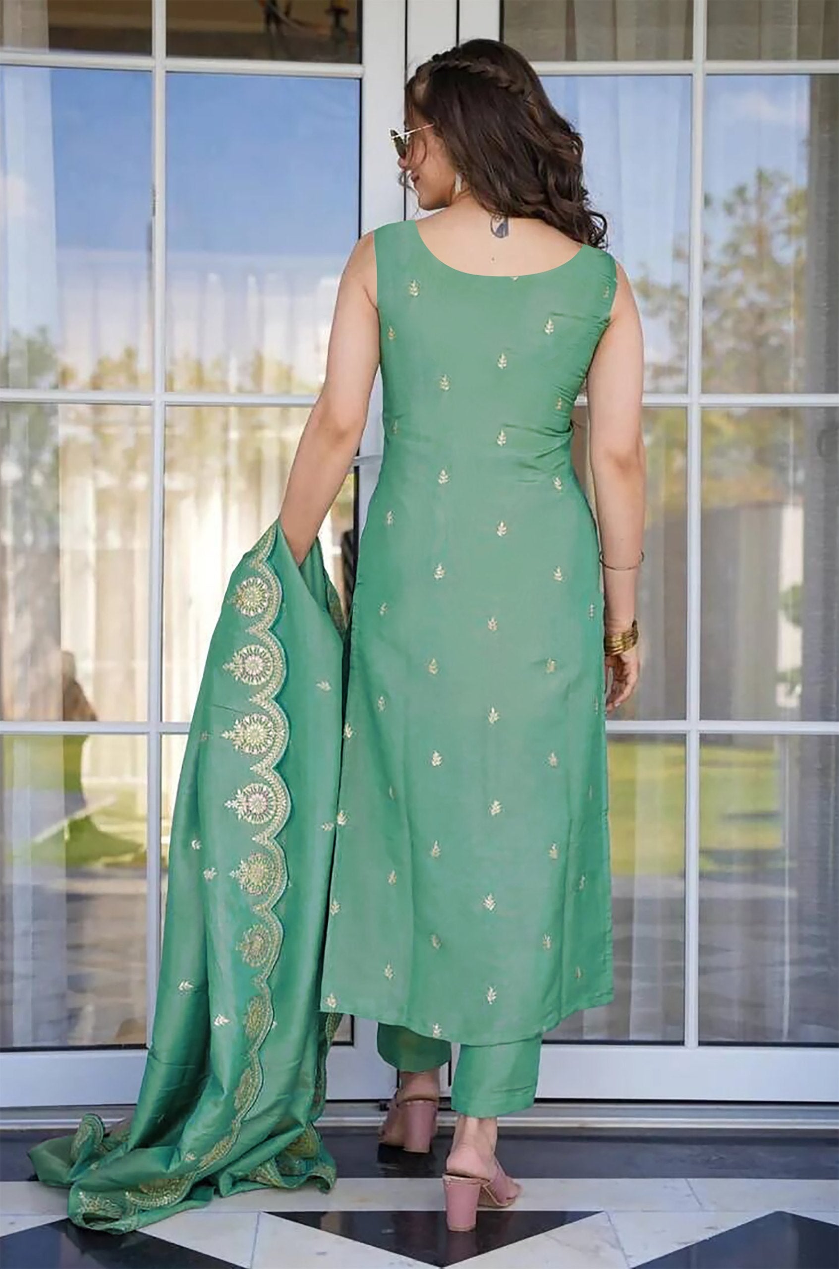 Light Green Embroidered Art Silk Kurta Pant Set with Dupatta