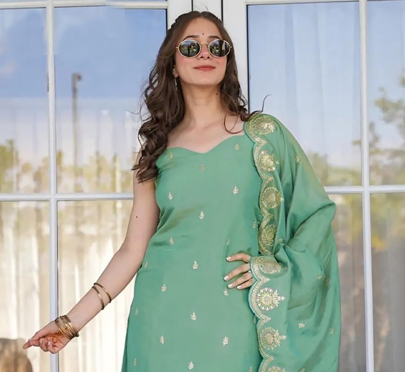 Light Green Embroidered Art Silk Kurta Pant Set with Dupatta