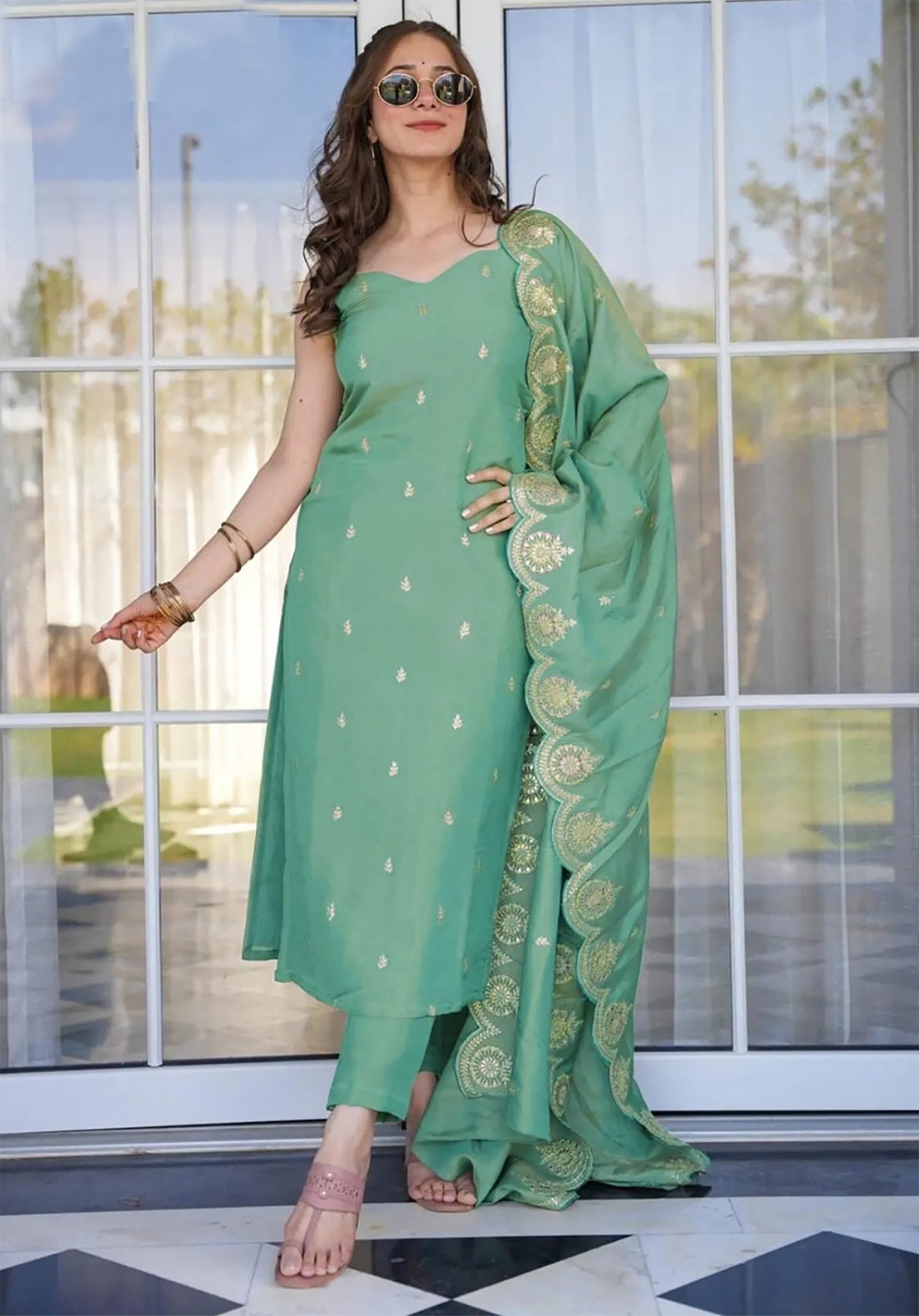 Light Green Embroidered Art Silk Kurta Pant Set with Dupatta