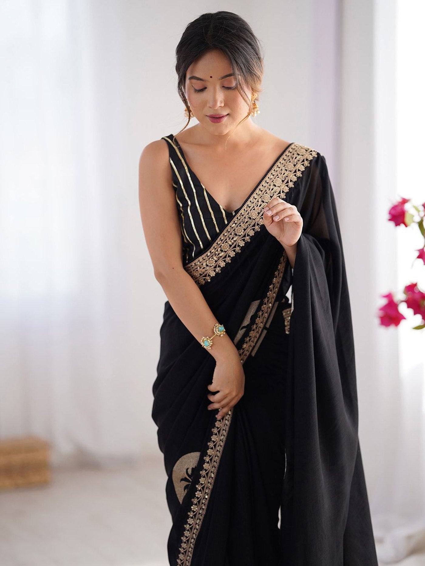 Women's Embroidered Rangoli Party Wear Saree with Art Silk Unstitched Blouse