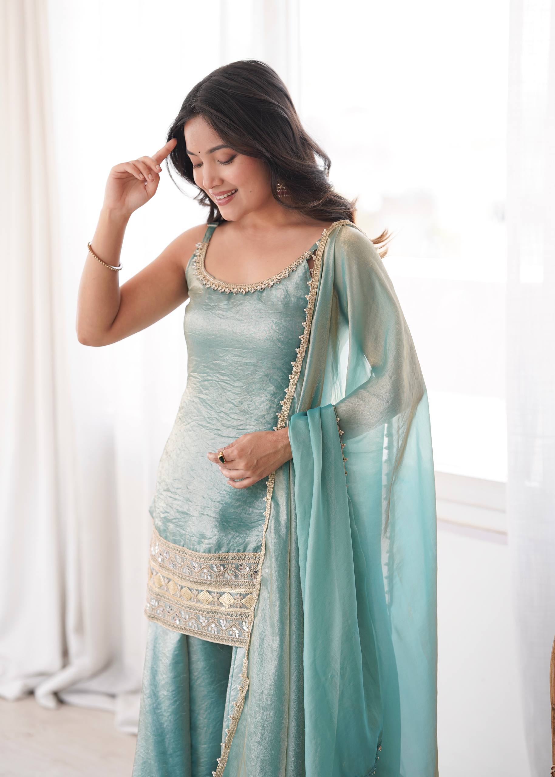 Women's Doremon Crush Embroidered Palazzo Suit Set with Mirror Work Dupatta