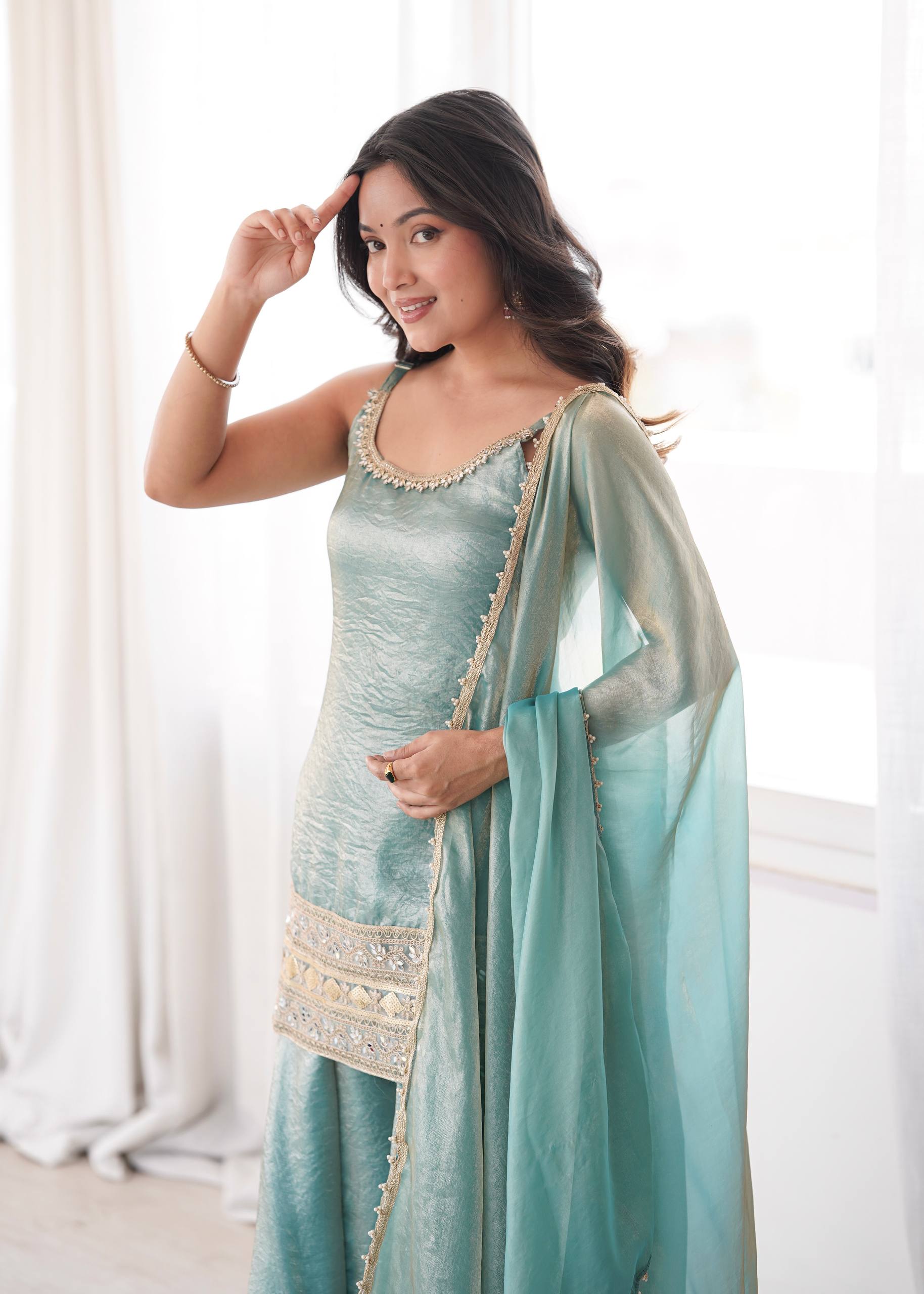 Women's Doremon Crush Embroidered Palazzo Suit Set with Mirror Work Dupatta