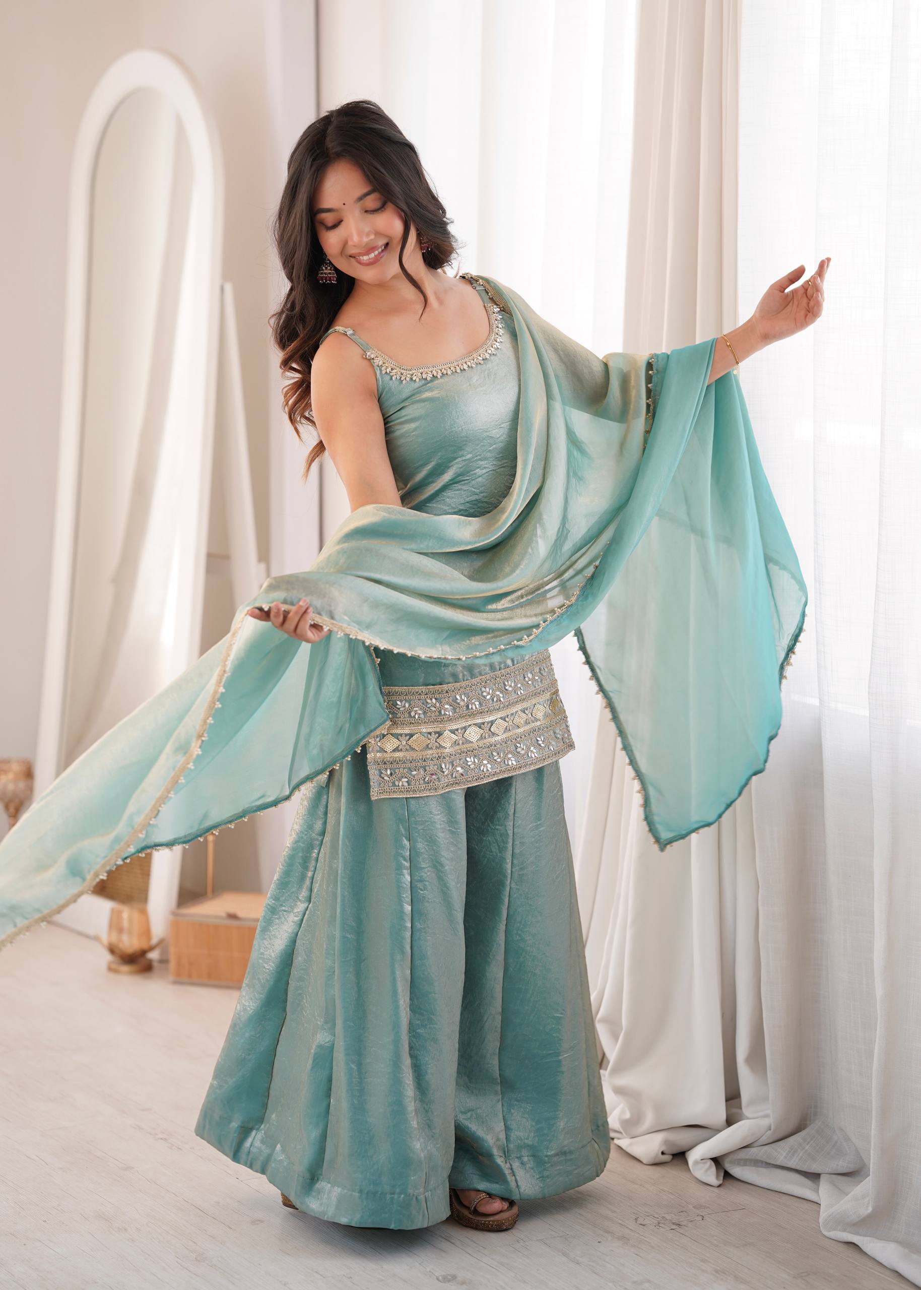 Women's Doremon Crush Embroidered Palazzo Suit Set with Mirror Work Dupatta