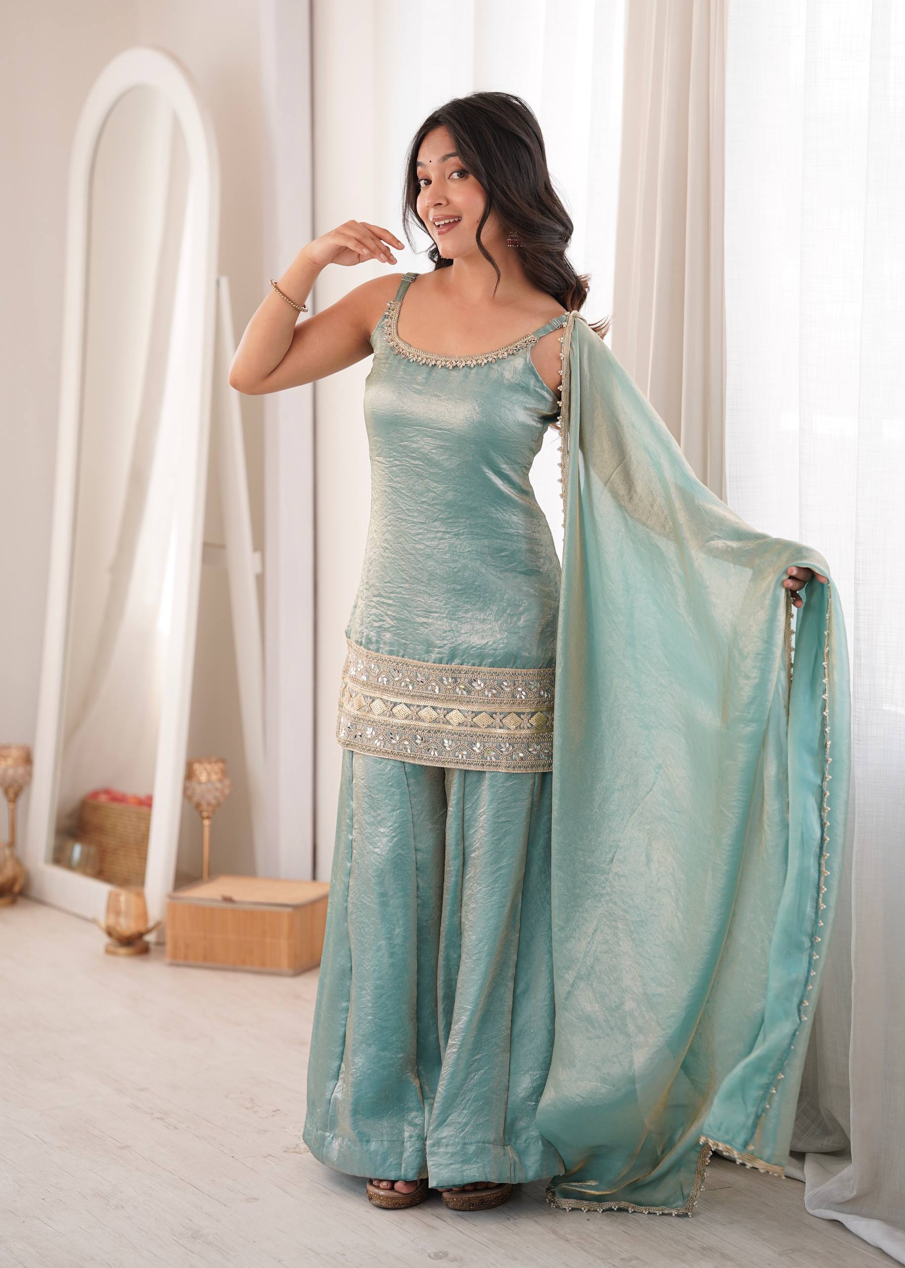 Women's Doremon Crush Embroidered Palazzo Suit Set with Mirror Work Dupatta